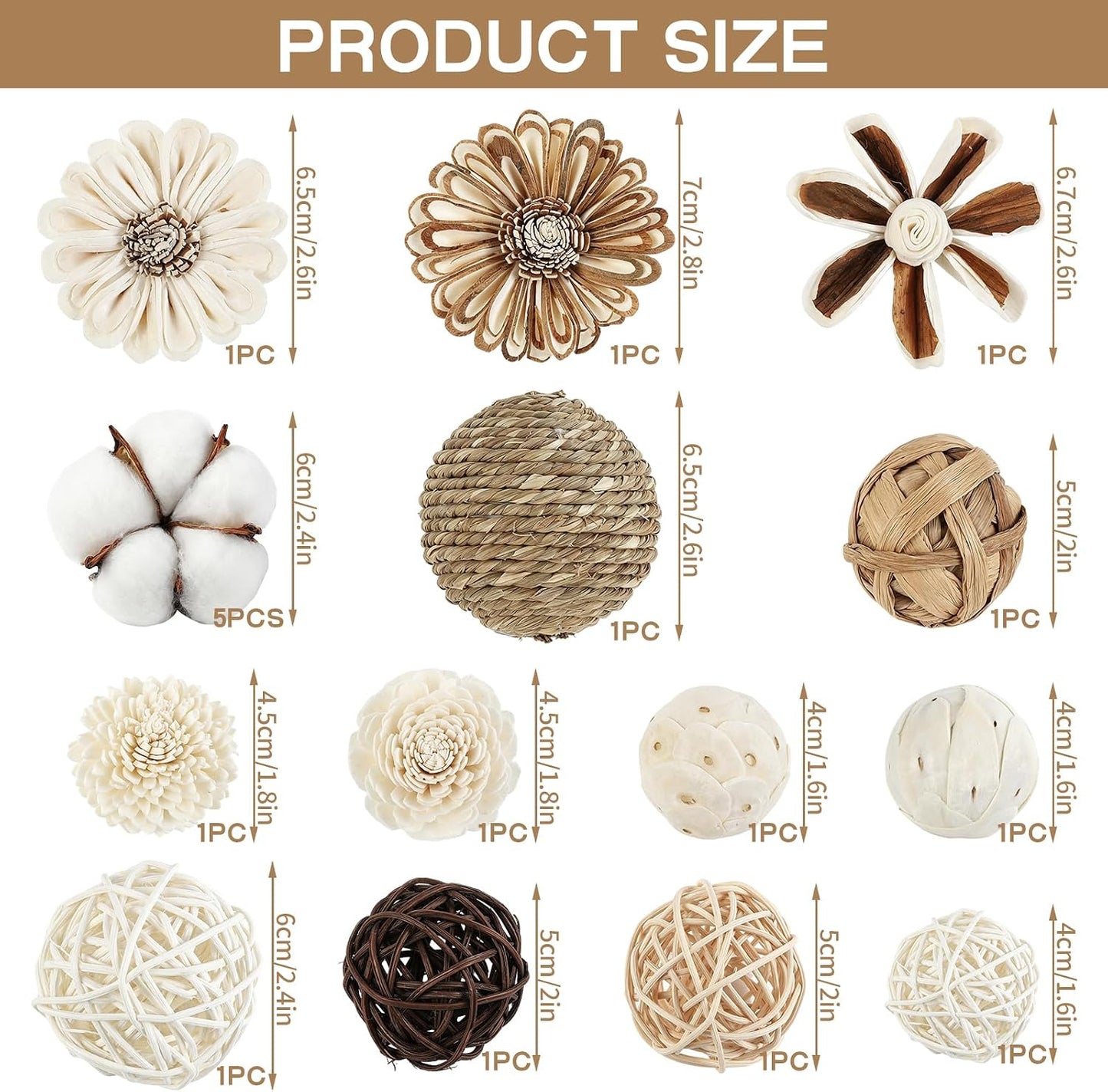 18 PCS Decorative Ball Filler Natural Bowl Filler Woven Rattan Balls Bowl Centerpiece Balls for Vase Potpourri Tabletop Wedding Party Home Decorations