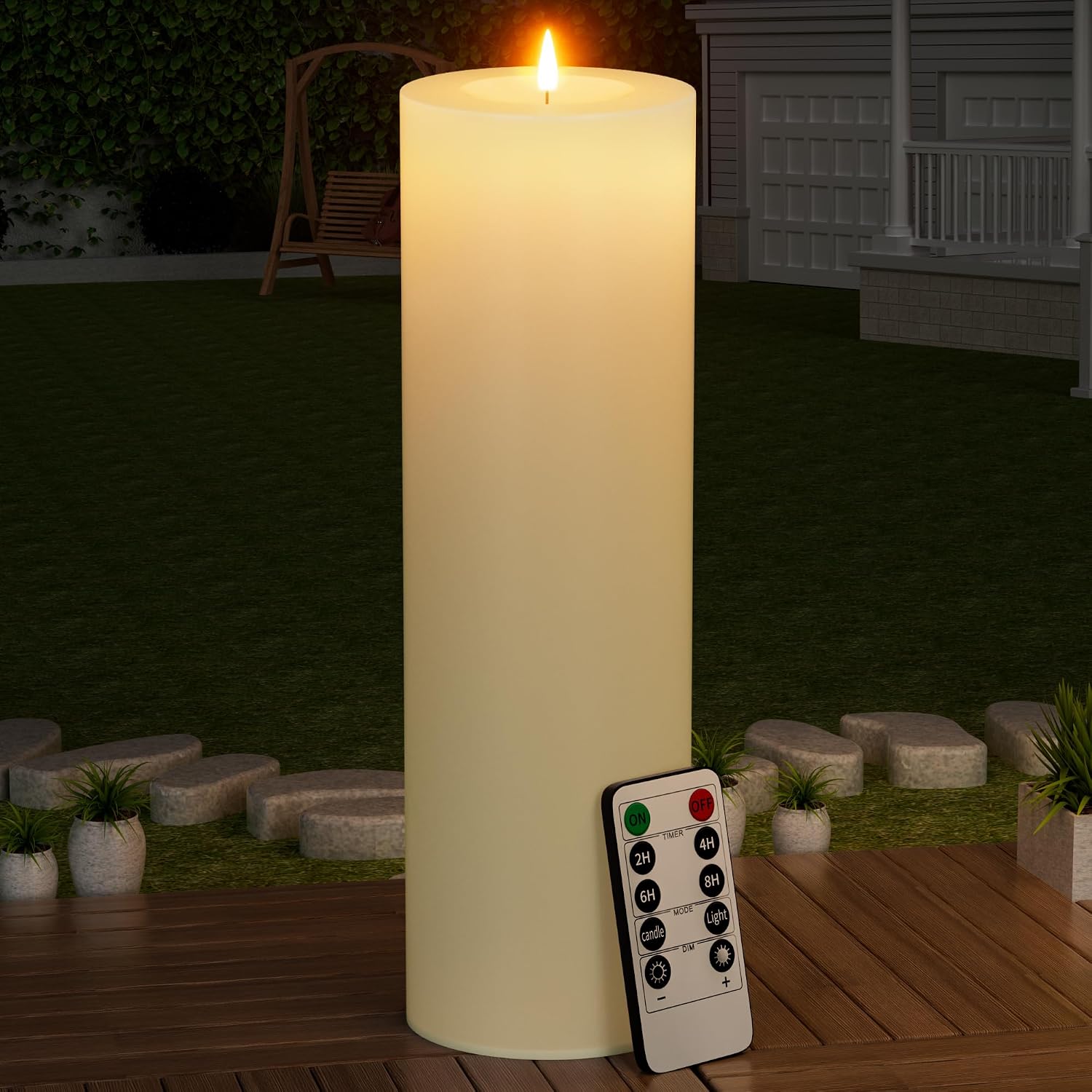 BUTHY 14" x 4" Large Outdoor Candle with Timer Waterproof Flickering LED Flameless Candle Battery Operated with Remote Fake Pillar Candle Realistic for Patio Porch Lantern, Ivory 1 Pack