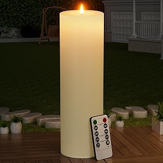 BUTHY 14" x 4" Large Outdoor Candle with Timer Waterproof Flickering LED Flameless Candle Battery Operated with Remote Fake Pillar Candle Realistic for Patio Porch Lantern, Ivory 1 Pack
