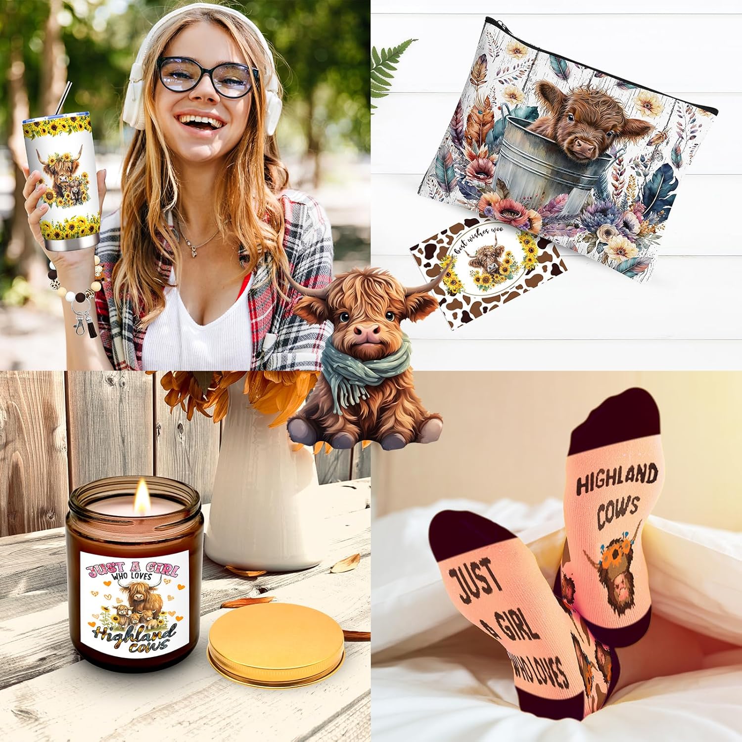Highland Cow Gifts Set for Women, Highland Cow Themed Stuff Set with 20 Oz Tumbler Makeup Bag Candle Socks Hair Claw Clips Keychain Earrings Necklace for Highland Cow Lover Birthday Christmas Gifts