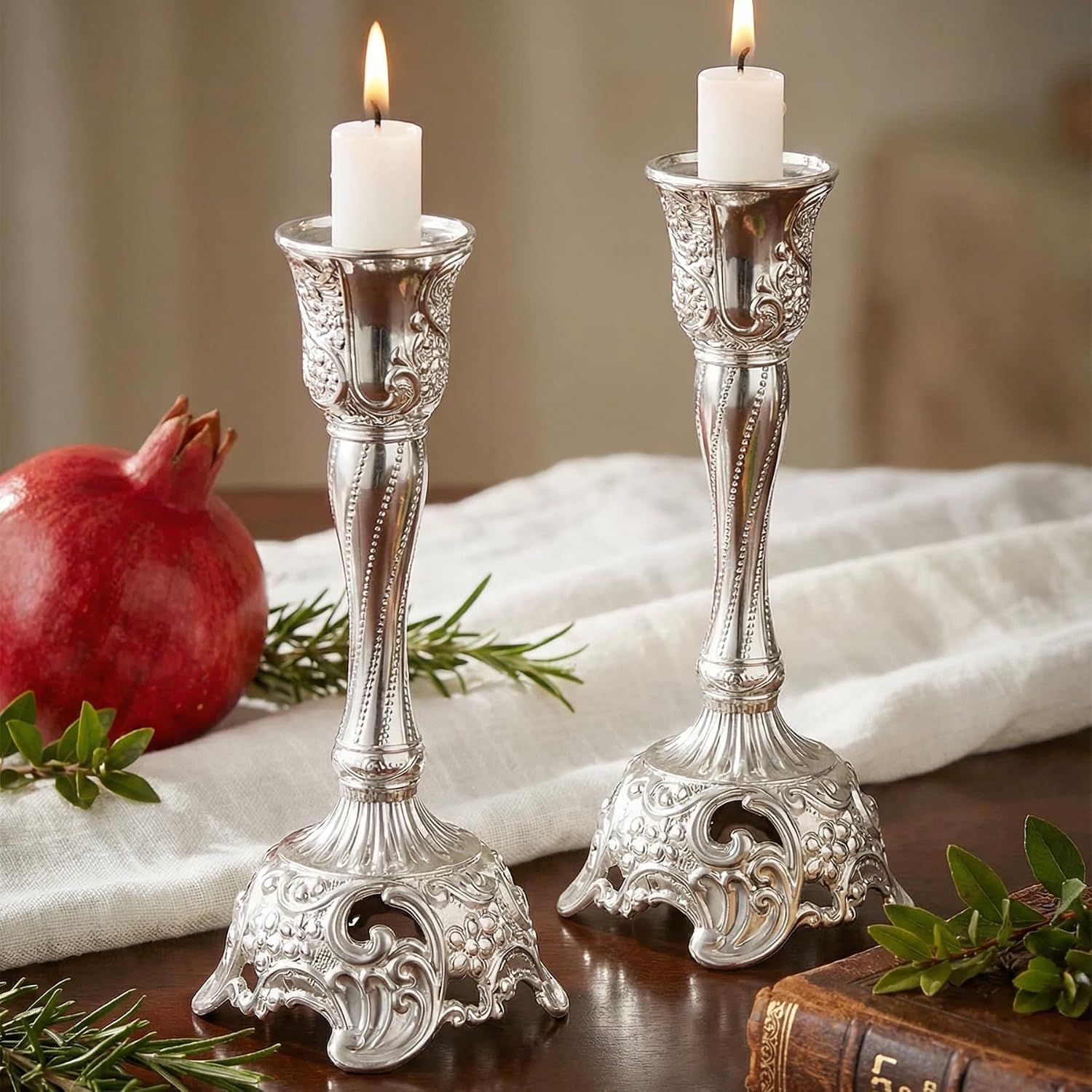 Shabbat Candles Holders Set of 2 - Silver Plated Shabbat Candlesticks, Vintage Silver Jewish Holder for Shabbos Candles, Havdalah Gifts for Holiday (Silver)