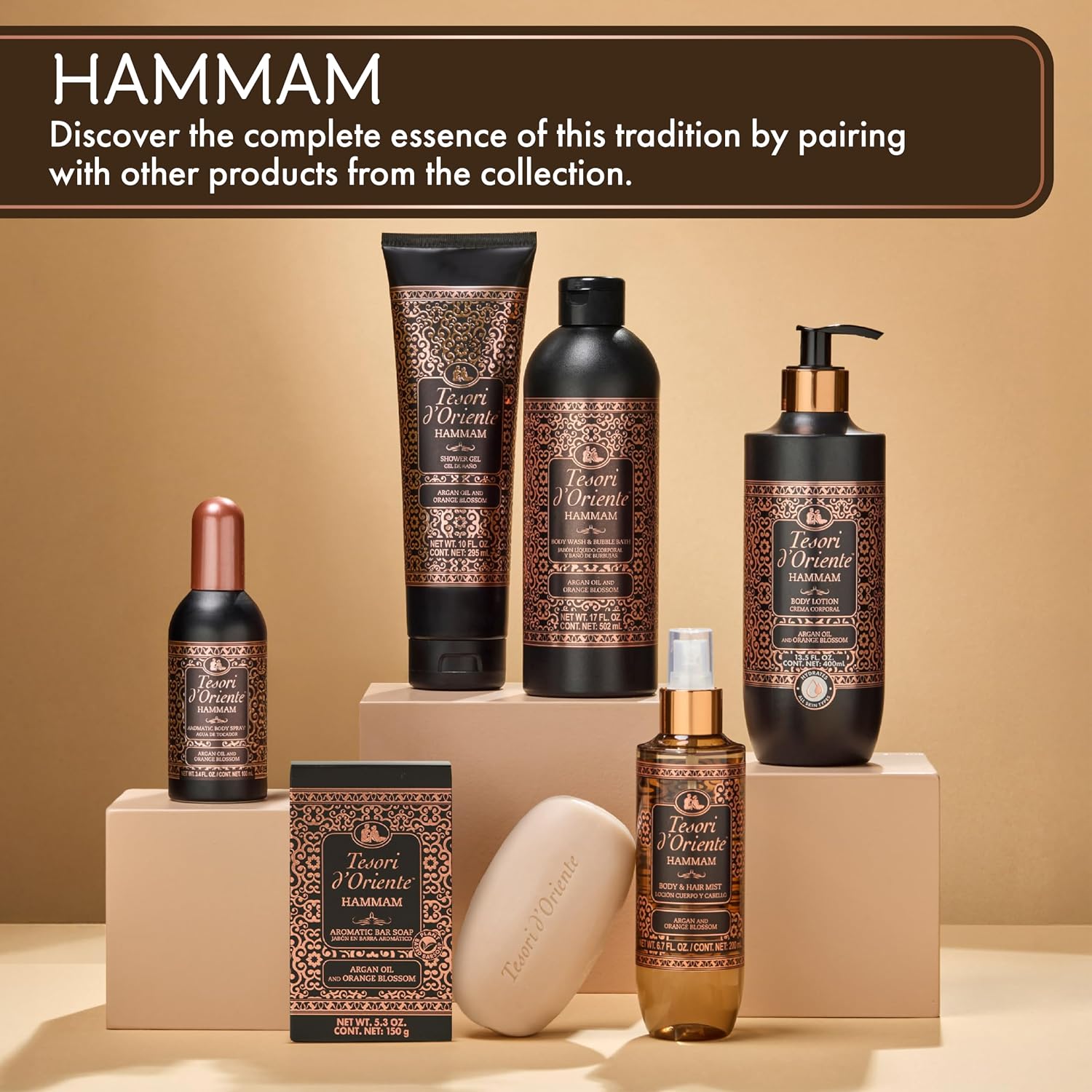 Tesori d’Oriente Hammam Body Wash & Bubble Bath, 17.5 fl oz, Gentle, Hydrating Shower Gel with Argan Oil & Vitamin E, Warm Orange Blossom Scented, No Silicones, Parabens & Mineral Oil