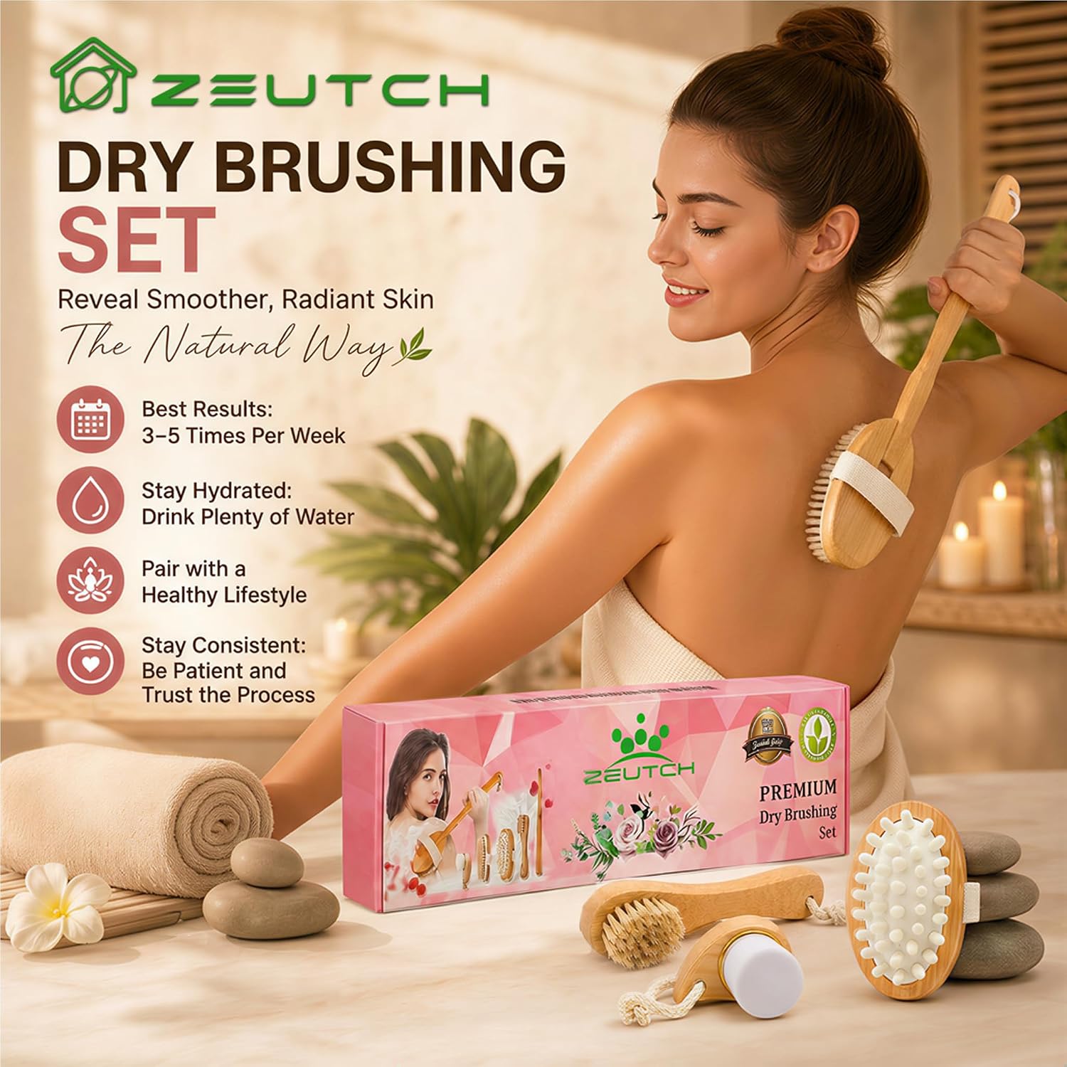Zeutch Premium Dry Brushing Body Brush Set for Lymphatic Drainage and Cellulite Treatment, Boar Bristle Long Handle Face Cleansing Brush for A Glowing Skin, 5 Pack
