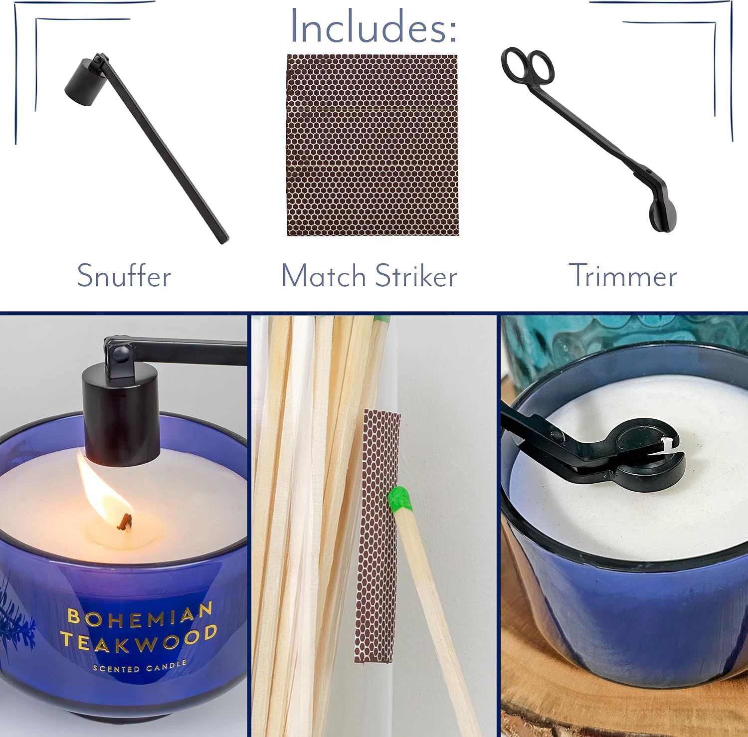 AuldHome Design Fireplace Matches Cloche Set; Jar, Striker w/Wick Trimmer and Snuffer