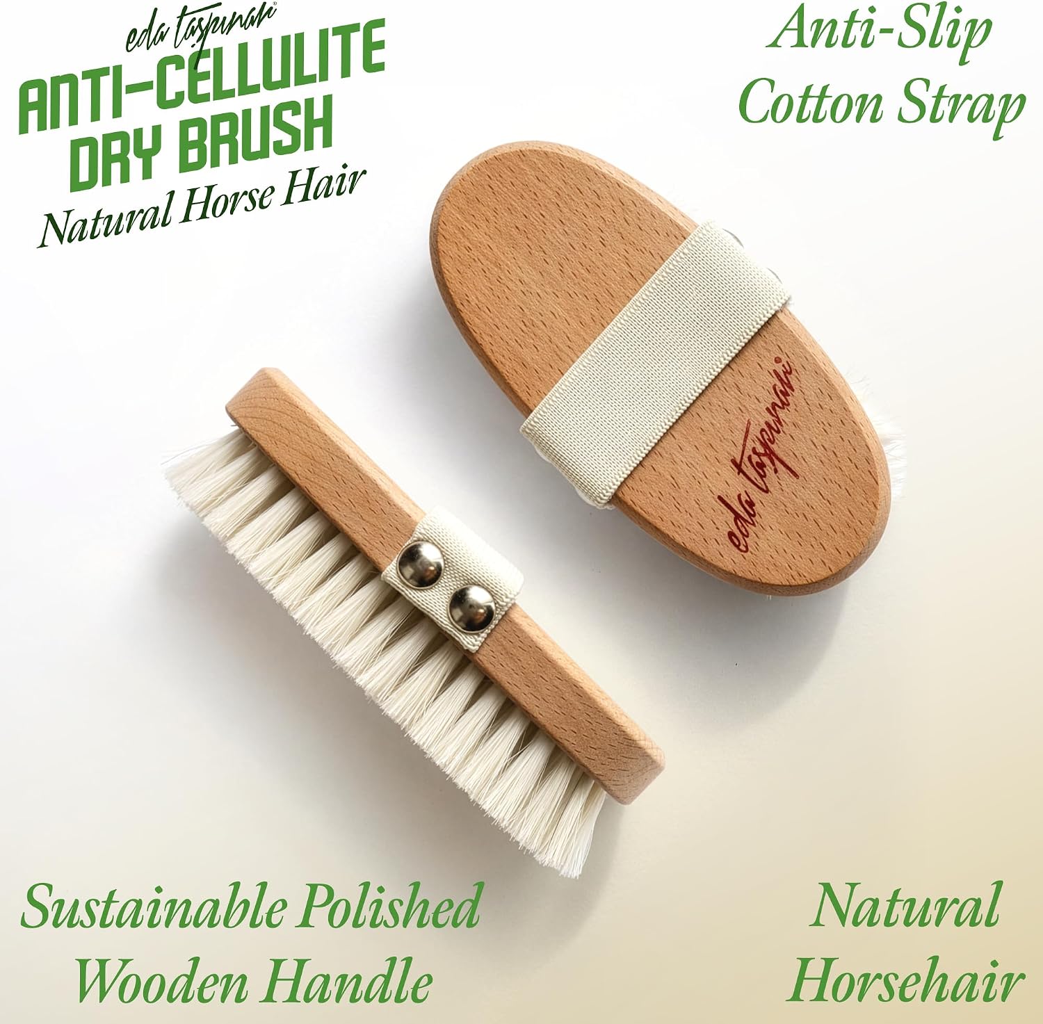 EDA Taspinar Professional Dry Brush for Body I Natural Horse Hair Bristle, Exfoliating, Lymphatic I Drainage, Cellulite, Circulation I No Shedding Spa Quality