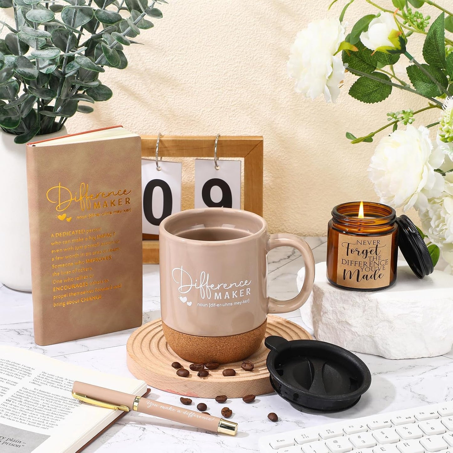 Vesici 4 Pcs Difference Maker Gift Set for Employee Mug Notebook Candle Pen | Thank You Gift for Women Men Teacher Nurse Coworker Secretary Boss(Brown,Word)