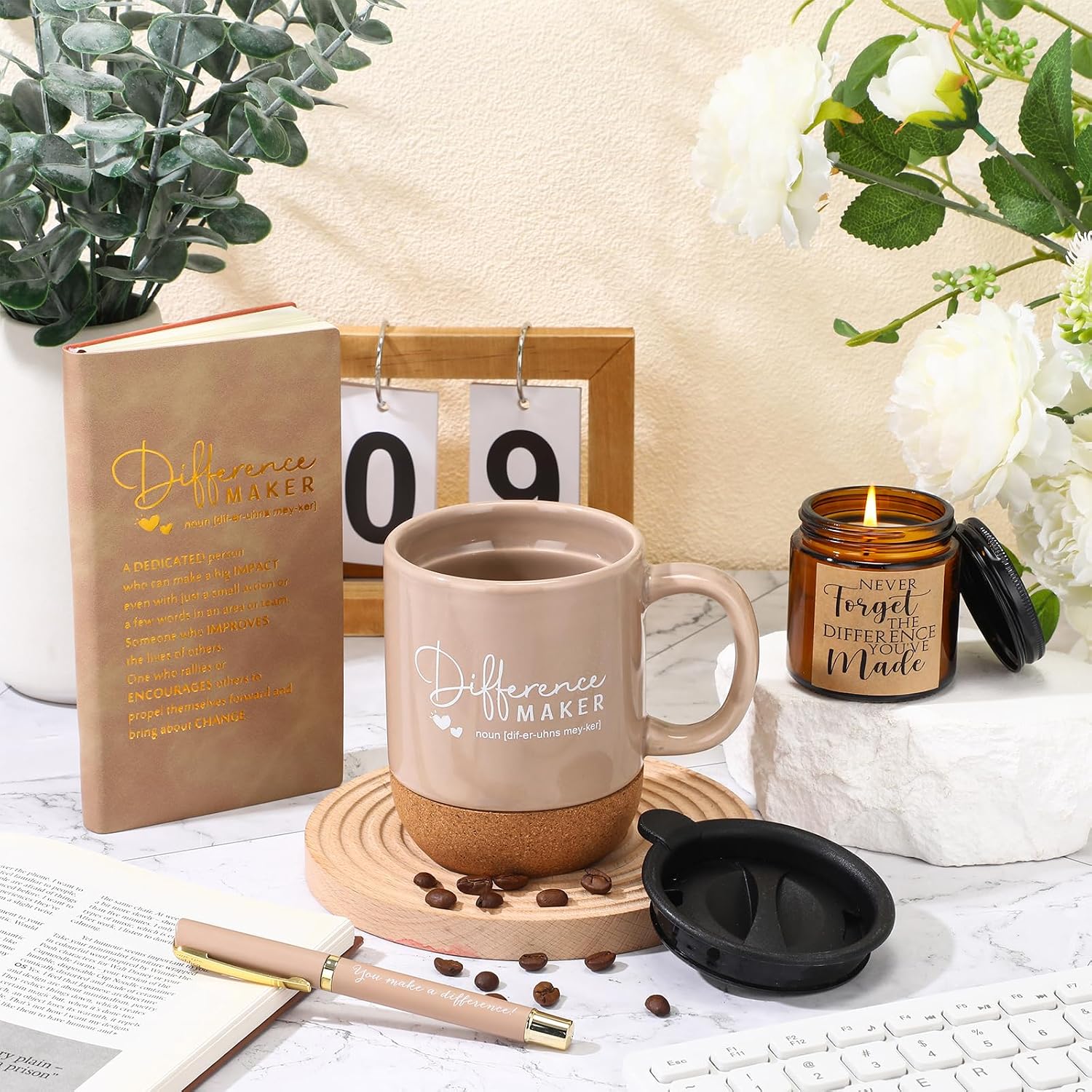Vesici 4 Pcs Difference Maker Gift Set for Employee Mug Notebook Candle Pen | Thank You Gift for Women Men Teacher Nurse Coworker Secretary Boss(Brown,Word)