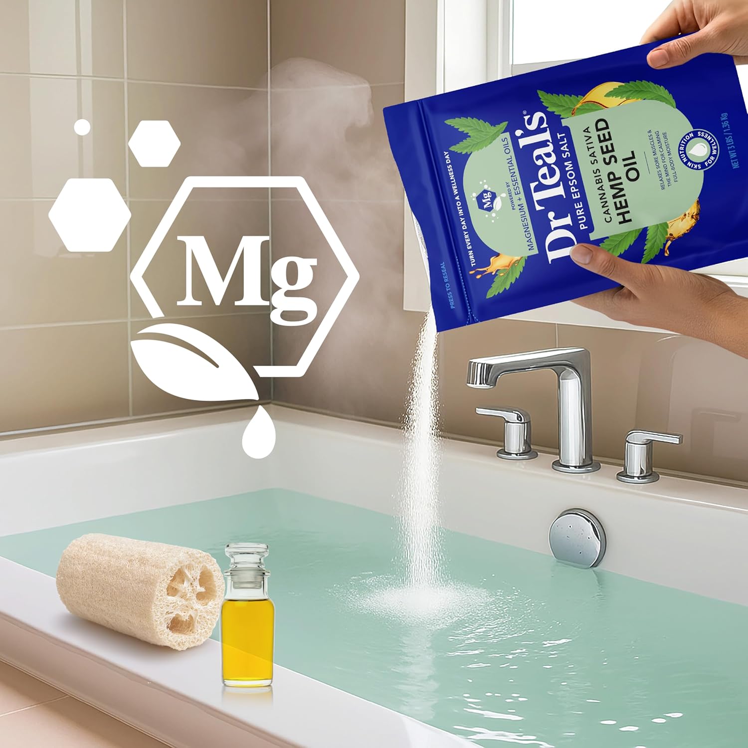 Dr Teal's Pure Epsom Magnesium Salt Soak, Cannabis Sativa Hemp Seed Oil, 3 lb