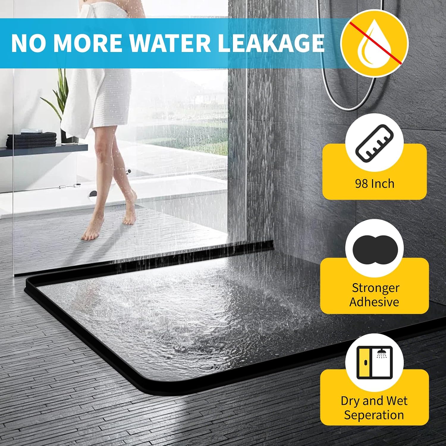 98" Collapsible Shower Threshold Water Dam Shower Water Stopper Barrier Keeps Water Inside Threshold Dry and Wet Separation Suitable for Bathroom Kitchen Sink Bathtub and More