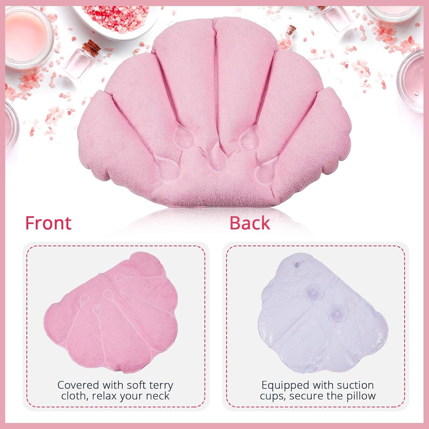 3 Pieces Inflatable Bath Pillow with Suction Cups, Terry Cloth Covered Shell Shape Bathtub Spa Pillow Comfortable Soft Cushion, Neck Support(Pink, Green, White)