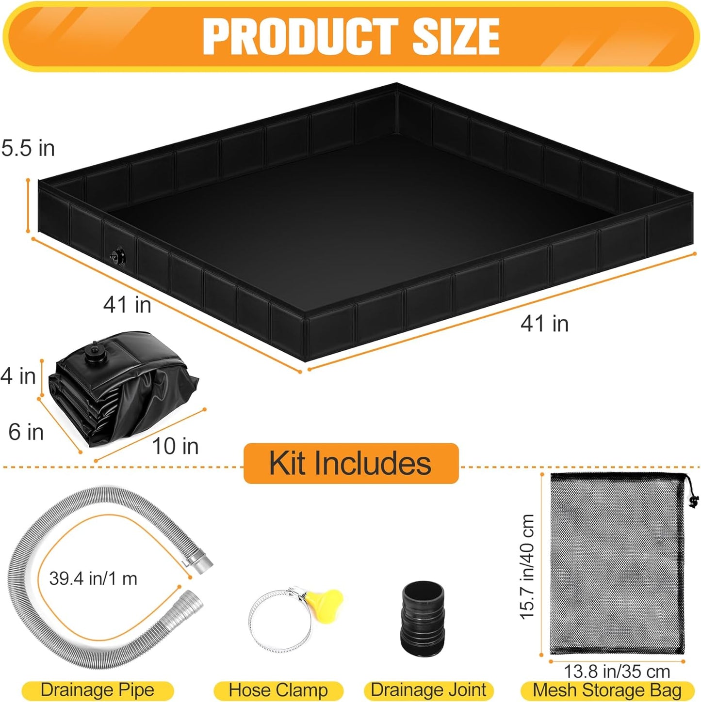 Upgraded Portable Shower Pan 41"x41"x5" - Heavy-Duty Non-Slip Base with Drain Hole & Mesh Storage Bag | Collapsible Camp Shower Tray for RV, Beach, Glamping | Leakproof Outdoor Bath Floor