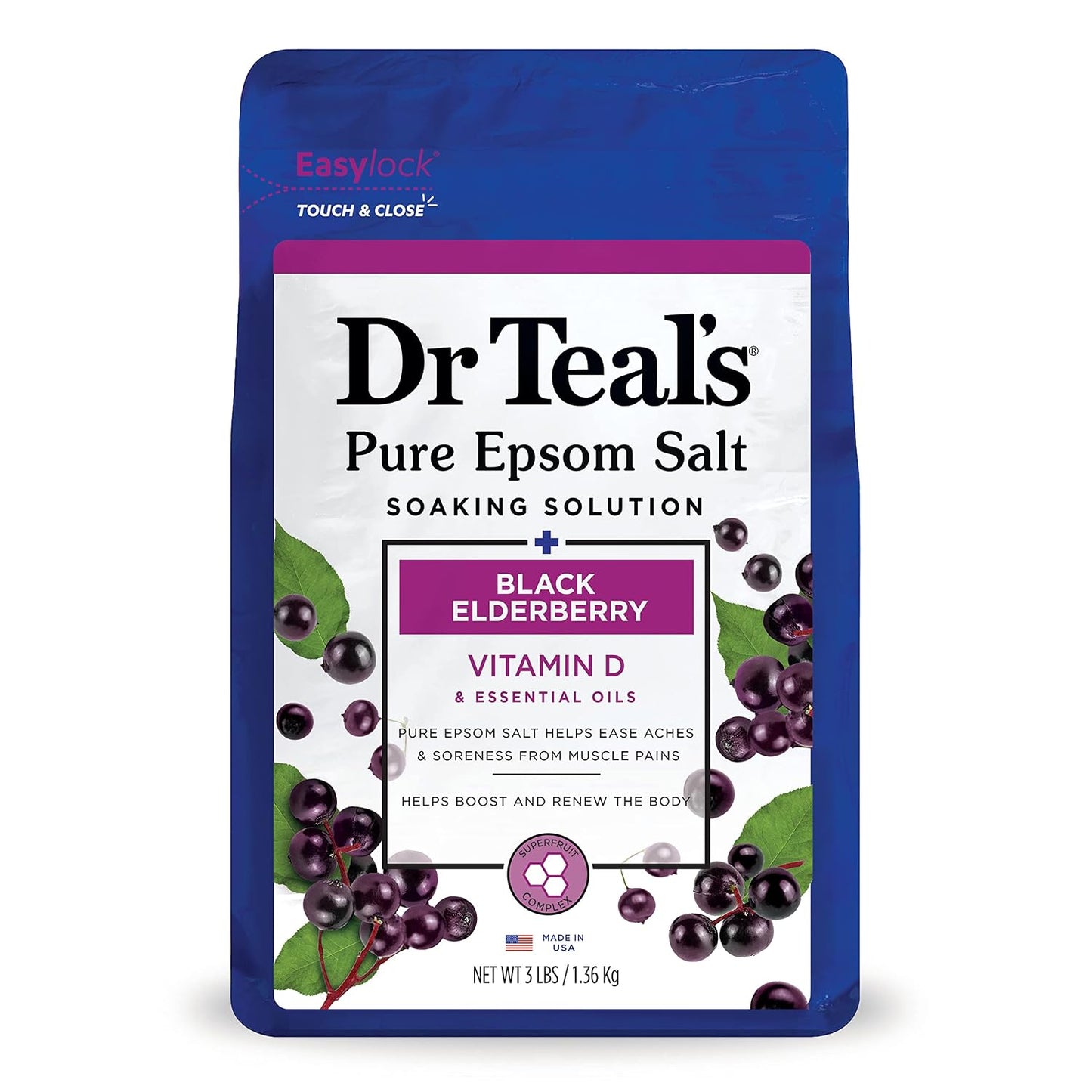 Dr Teal's Foaming Bath with Pure Epsom Salt, Black Elderberry with Vitamin D, 34 fl oz (Pack of 2) & Salt Soak with Pure Epsom Salt, Elderberry, 3 lbs