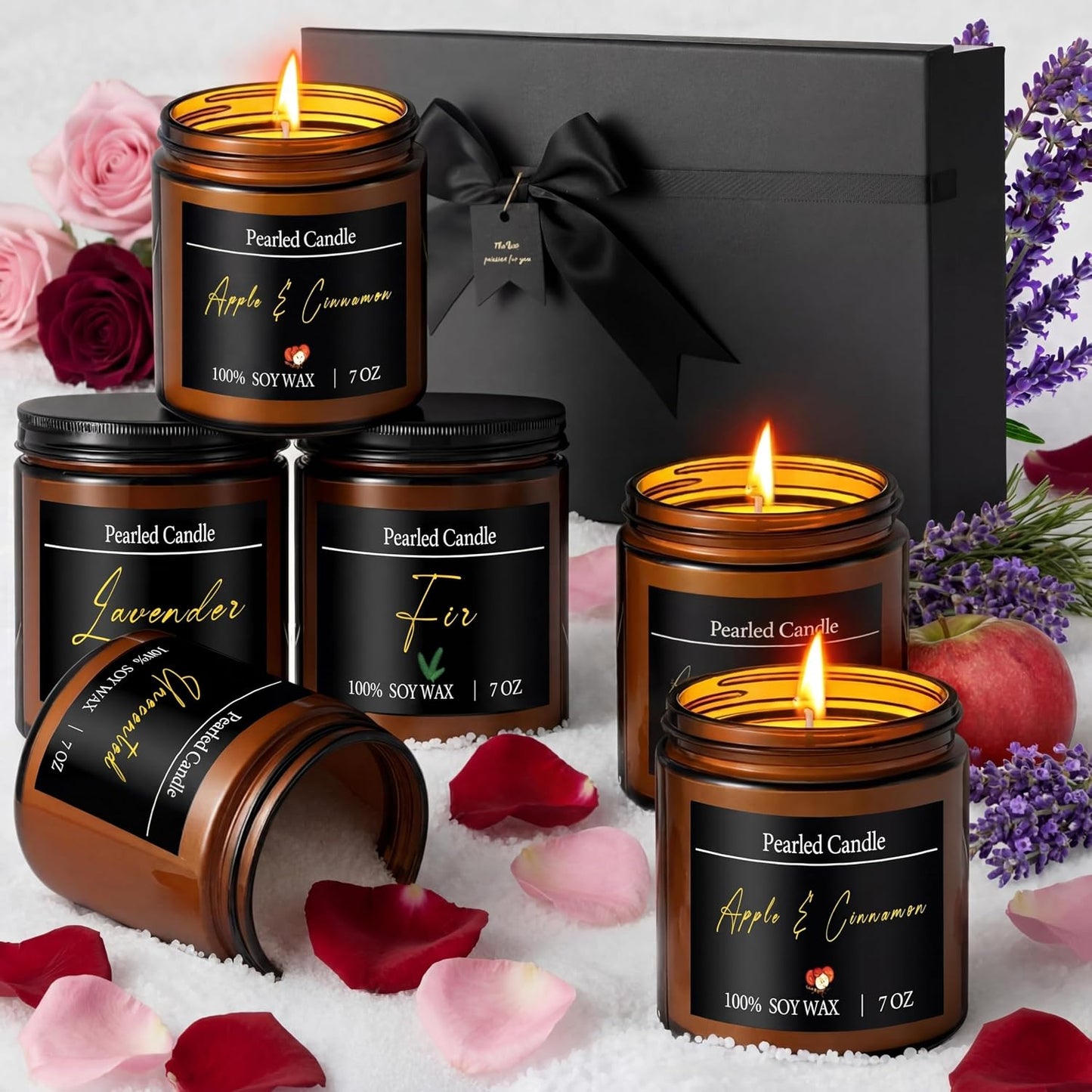 Conelist Pearled Candle Jar Gift Set 28oz Scented Pearl Sand Candle with 4 Jars 50 Wicks and Gift Box for Women Mothers Day Apple Cinnamon/Lavender/fir/Original, 4 Fragrance