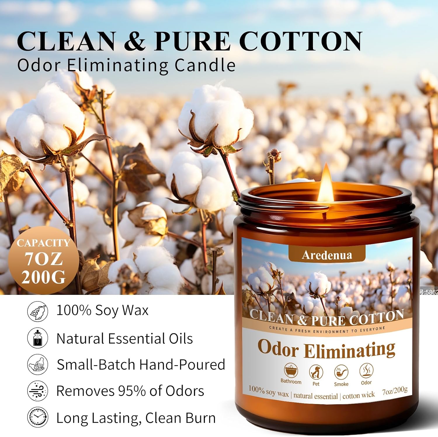 Clean & Pure Cotton Odor Eliminating Candles | Eliminates 95% of Pet, Smoke, Food & Other Smells – Fresh Air Scented Candle Gentle for Family - Up to 50 Hour Burn time - 7 Oz Natural Soy Wax