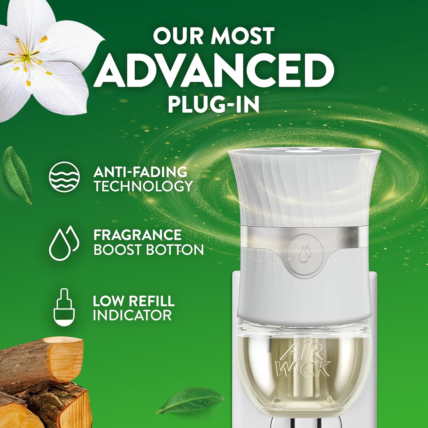 Air Wick Plug-In Scented Oil Refills, 4 Count, Warm Woods & Jasmine, Air Freshener, Essential Oils