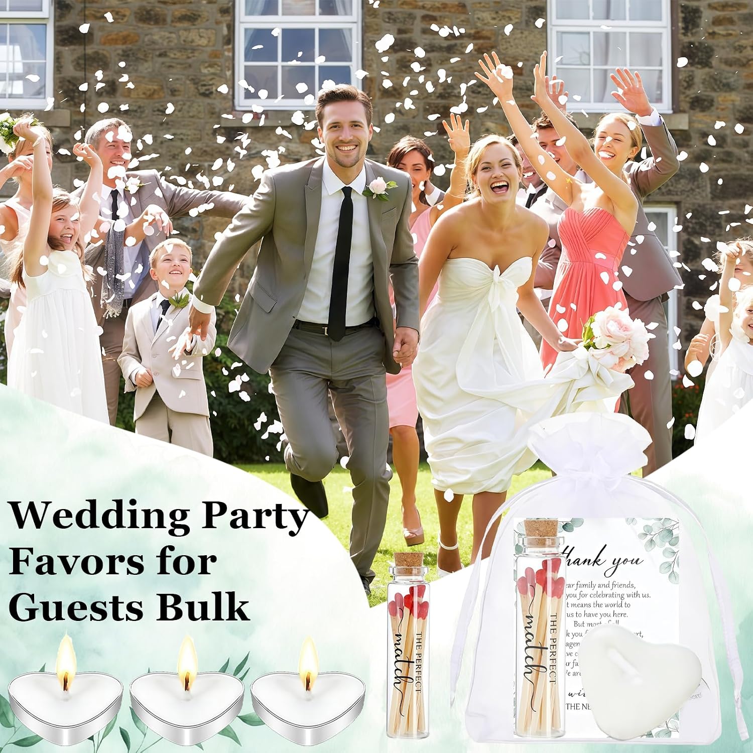 50 Set Wedding Party Favors for Guests Bulk, Mini Heart Shaped Candles Empty Matches Jars with Cork Top Thank You Cards and Organza Bags for Wedding Bridal Shower Guest Souvenir Gift