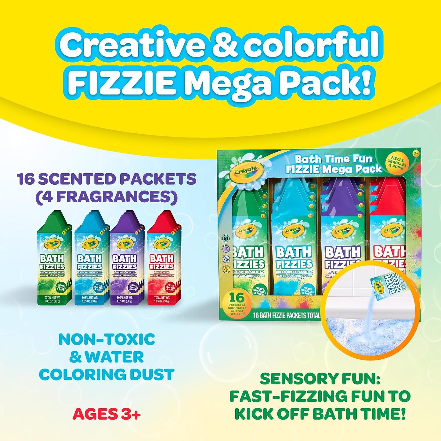 Crayola Bath Fizzies 16-Piece Deluxe Pack, Scented Water Coloring Dust Packets for Kids and Tweens, Non-Toxic and Stain Free Bath Toys