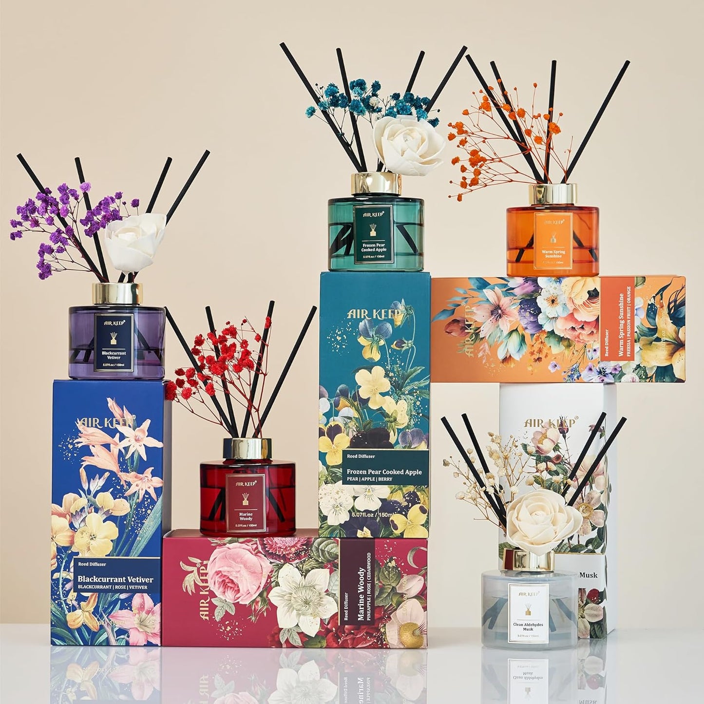 Airkeep Flower Reed Diffusers Set, 5.07 oz Clean Aldehydes Musk Scented Oil Diffuser with 8 Reed Sticks, Home Fragrance Diffuser Gift Set for Bathroom & Office Decor 150ml