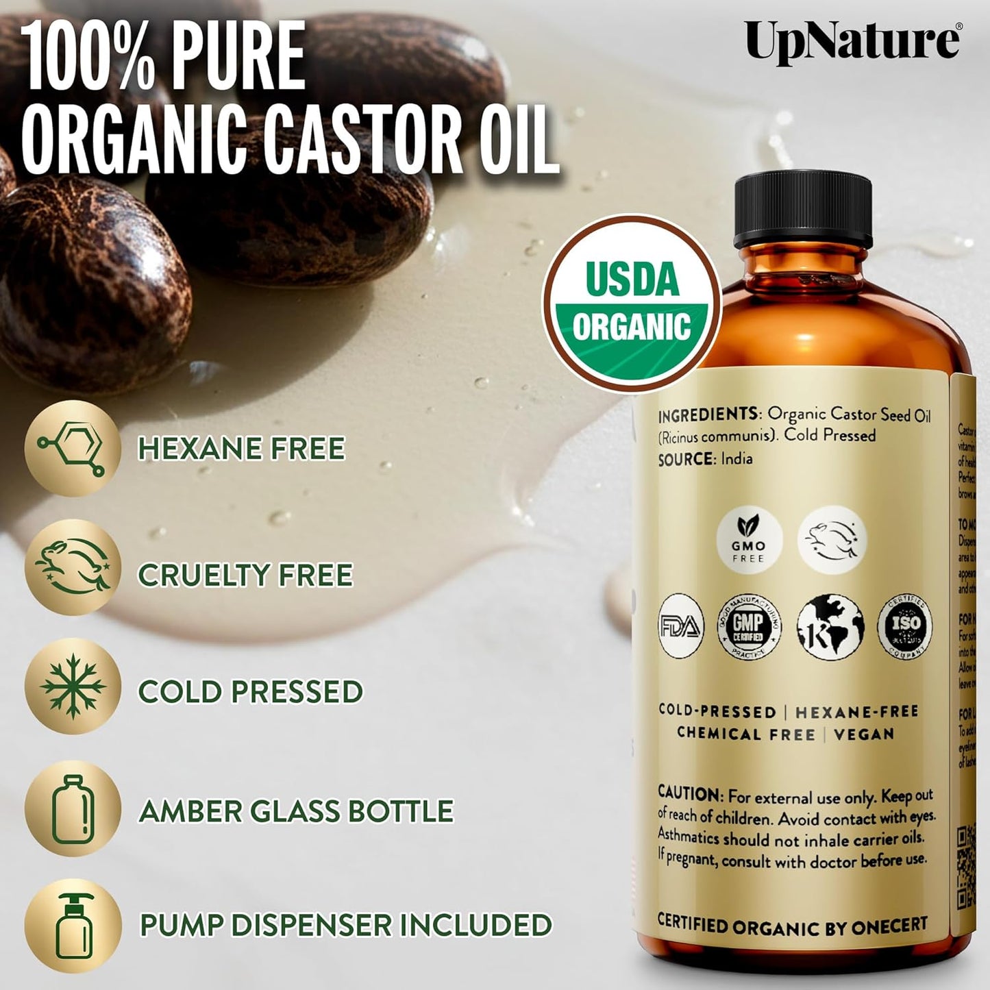 UpNature Organic Castor Oil Cold Pressed Glass Bottle 16oz - 100% Pure USDA Certified, Hexane Free - For Face, Hair & Skin