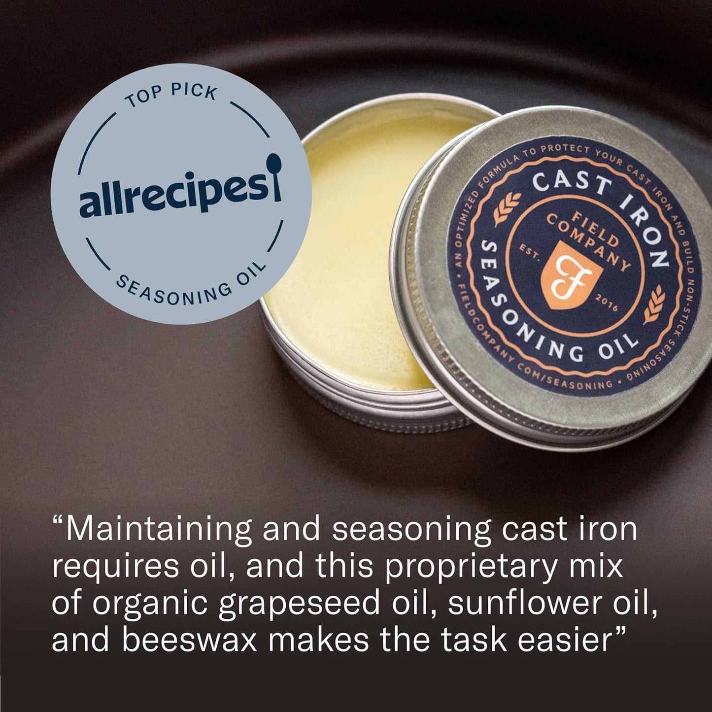Cast Iron Seasoning Oil – Organic Grapeseed, Sunflower & Beeswax Blend for Conditioning & Restoring Cookware by Field Company