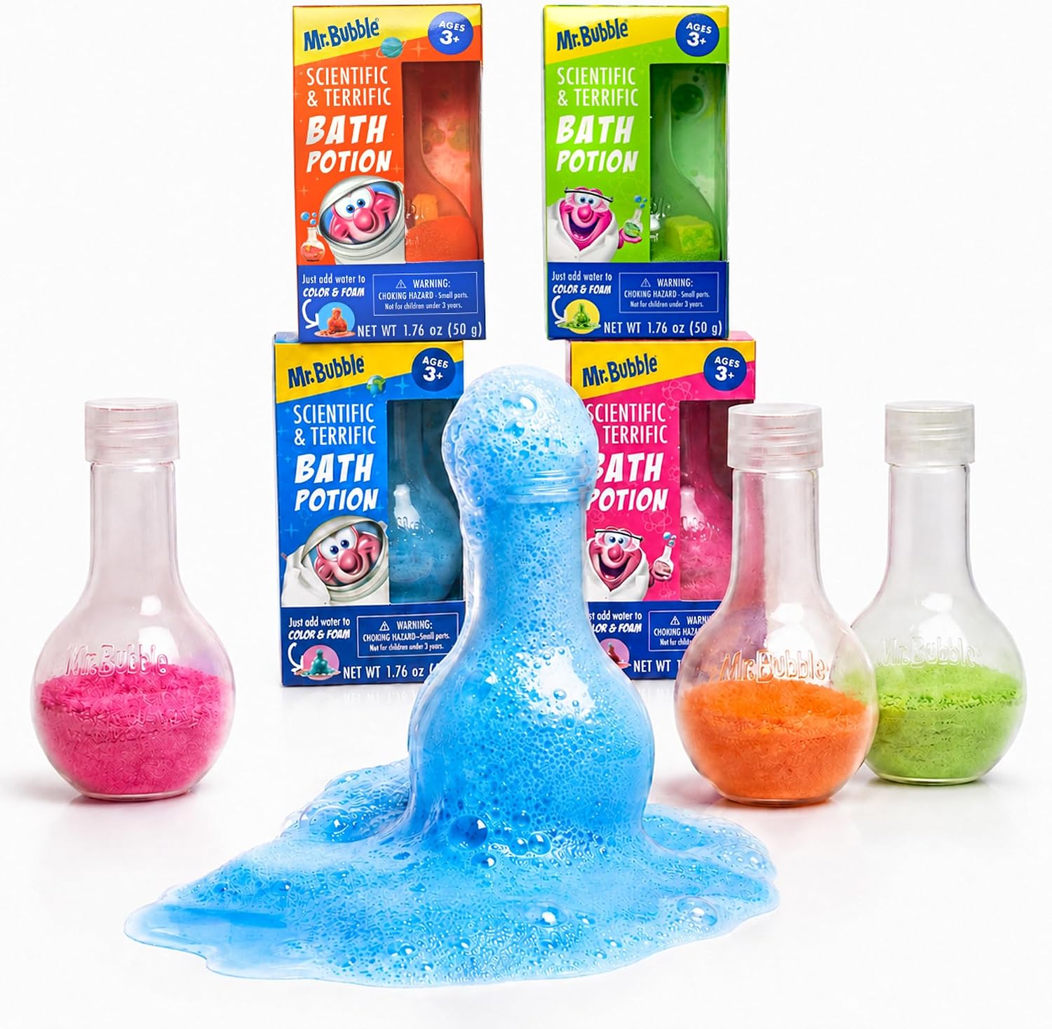 Mr. Bubble Kids Original Bath Bomb Potions - Colorful Fizzy Fun - Cool Foam and Bubble Science Beaker Bath Toys (Pack of 4)