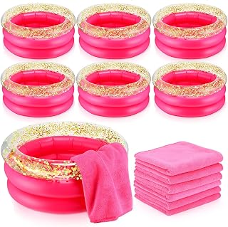 Fanfanwin 12 Pcs Foot Spa Kit for Girls 13.8 x 13.8 x 6.7 Inch Inflatable Foot Care Portable Bath and 12 x 28 Inch Hand Towels Washbasin Salon Towels for Spa Party Sleepover Party Supplies, Rose Red