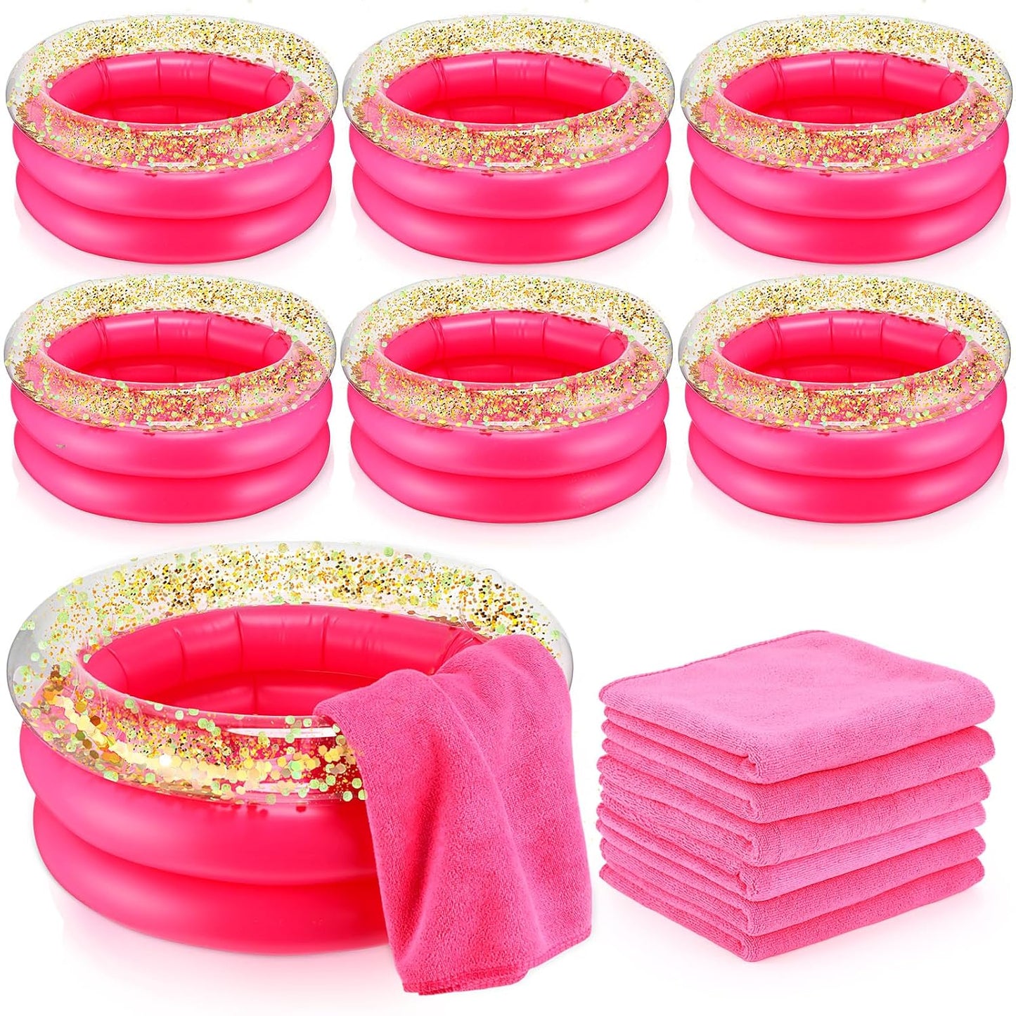 Fanfanwin 12 Pcs Foot Spa Kit for Girls 13.8 x 13.8 x 6.7 Inch Inflatable Foot Care Portable Bath and 12 x 28 Inch Hand Towels Washbasin Salon Towels for Spa Party Sleepover Party Supplies, Rose Red