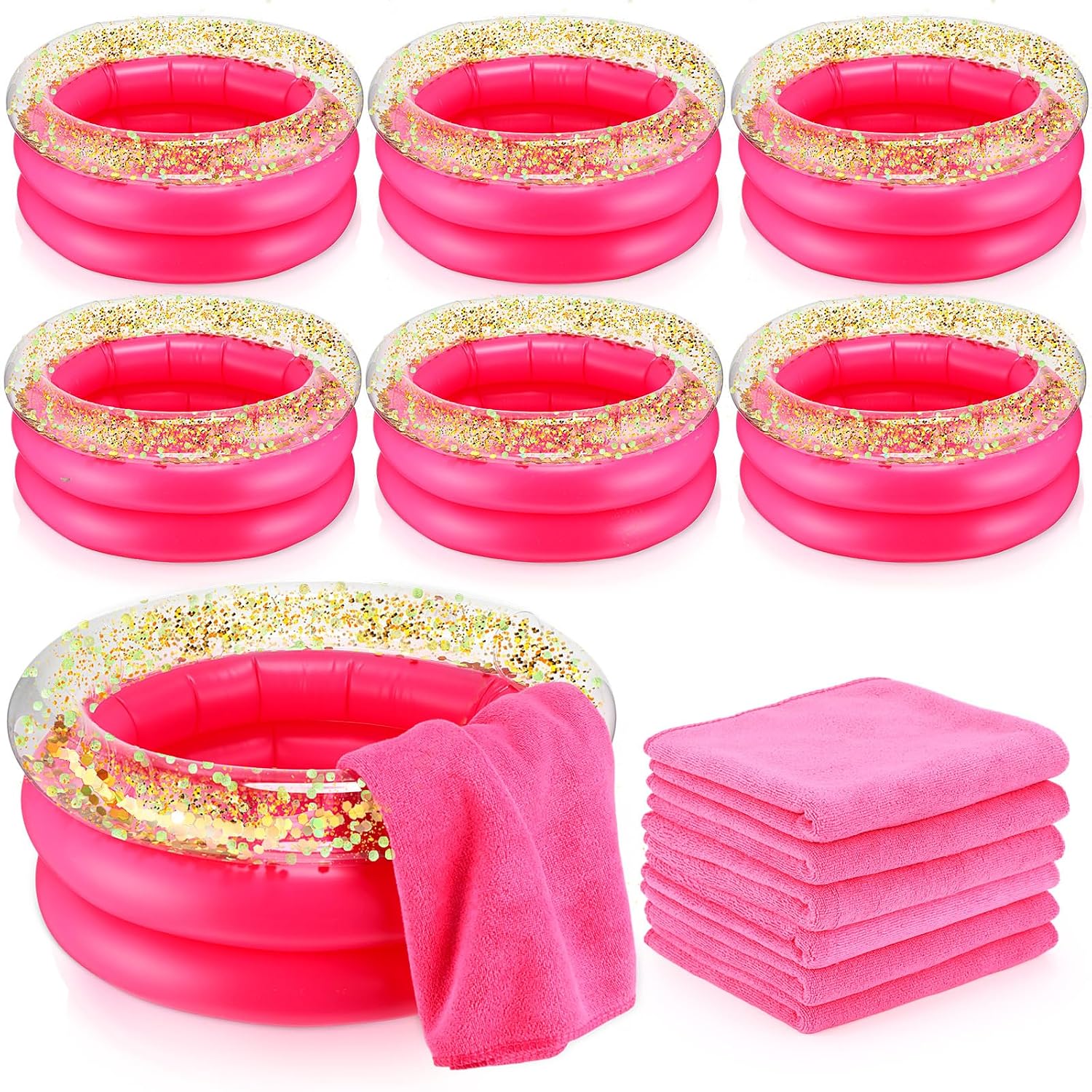 Fanfanwin 12 Pcs Foot Spa Kit for Girls 13.8 x 13.8 x 6.7 Inch Inflatable Foot Care Portable Bath and 12 x 28 Inch Hand Towels Washbasin Salon Towels for Spa Party Sleepover Party Supplies, Rose Red