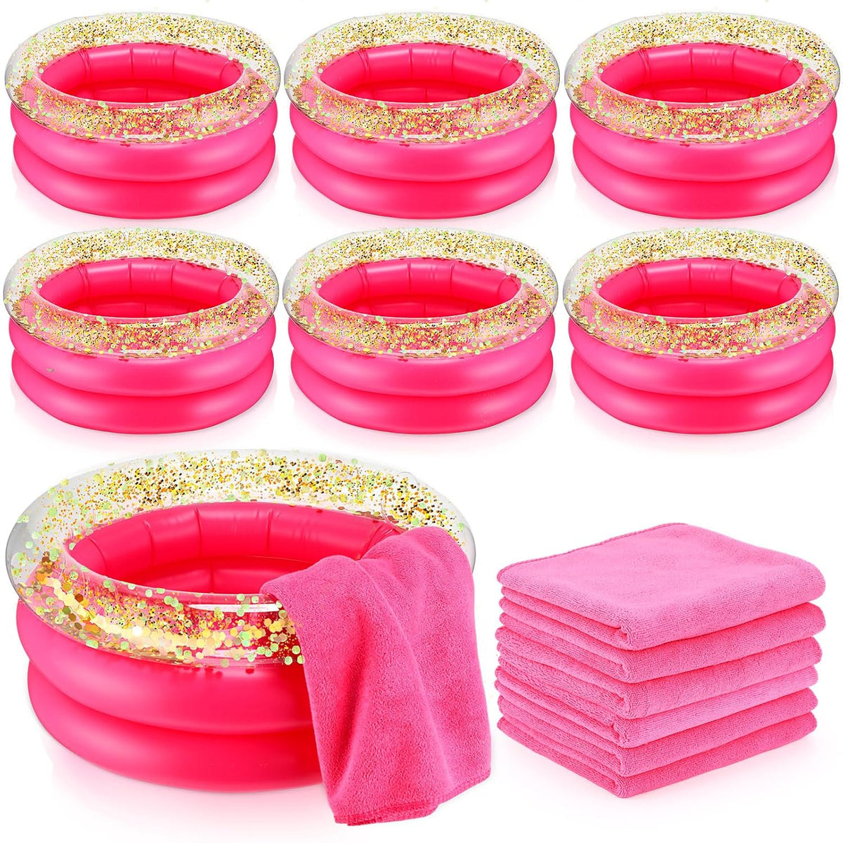 Fanfanwin 12 Pcs Inflatable Foot Spa Kit for Girls with Towels, Rose Red