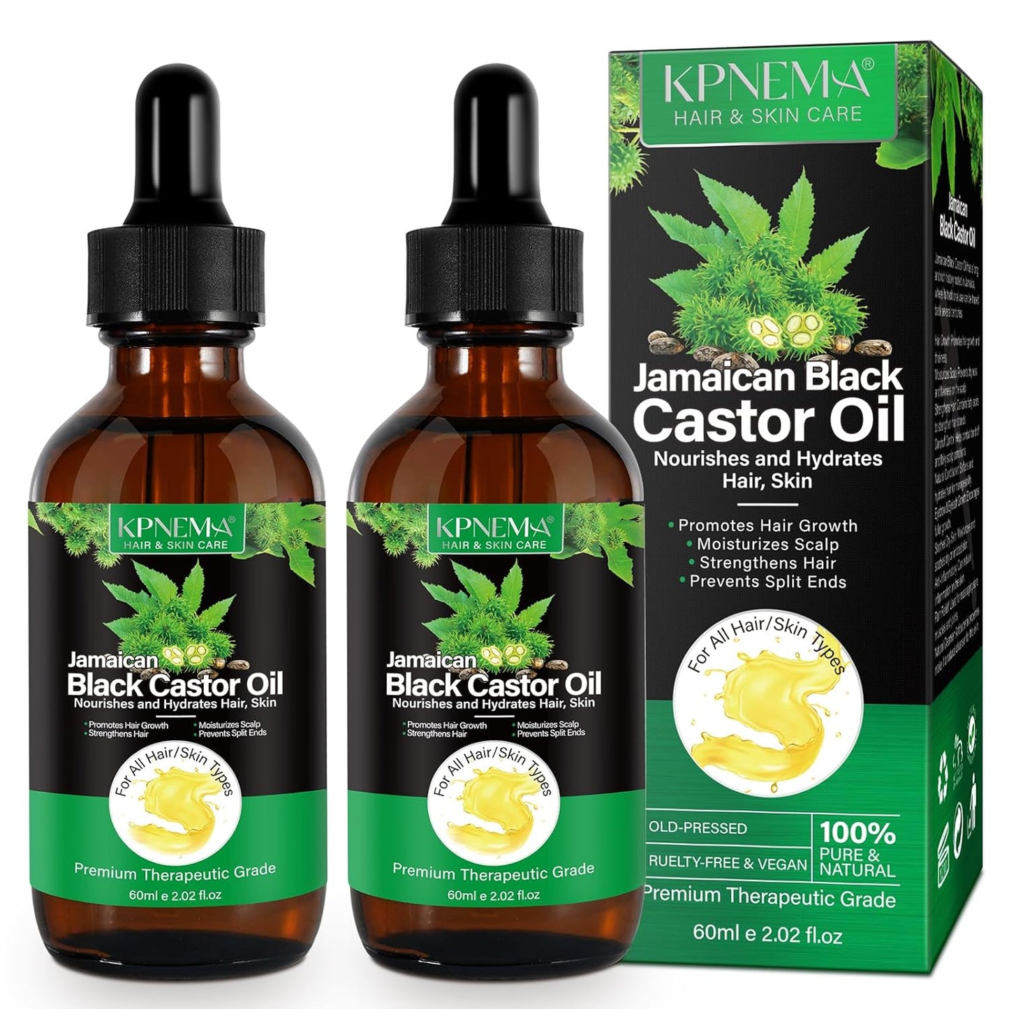 Jamaican Black Castor Oil for Hair Growth, 2 Packs Multipurpose Cold Pressed 100% Natural Castor Oil Organic for Hair and Skin Care