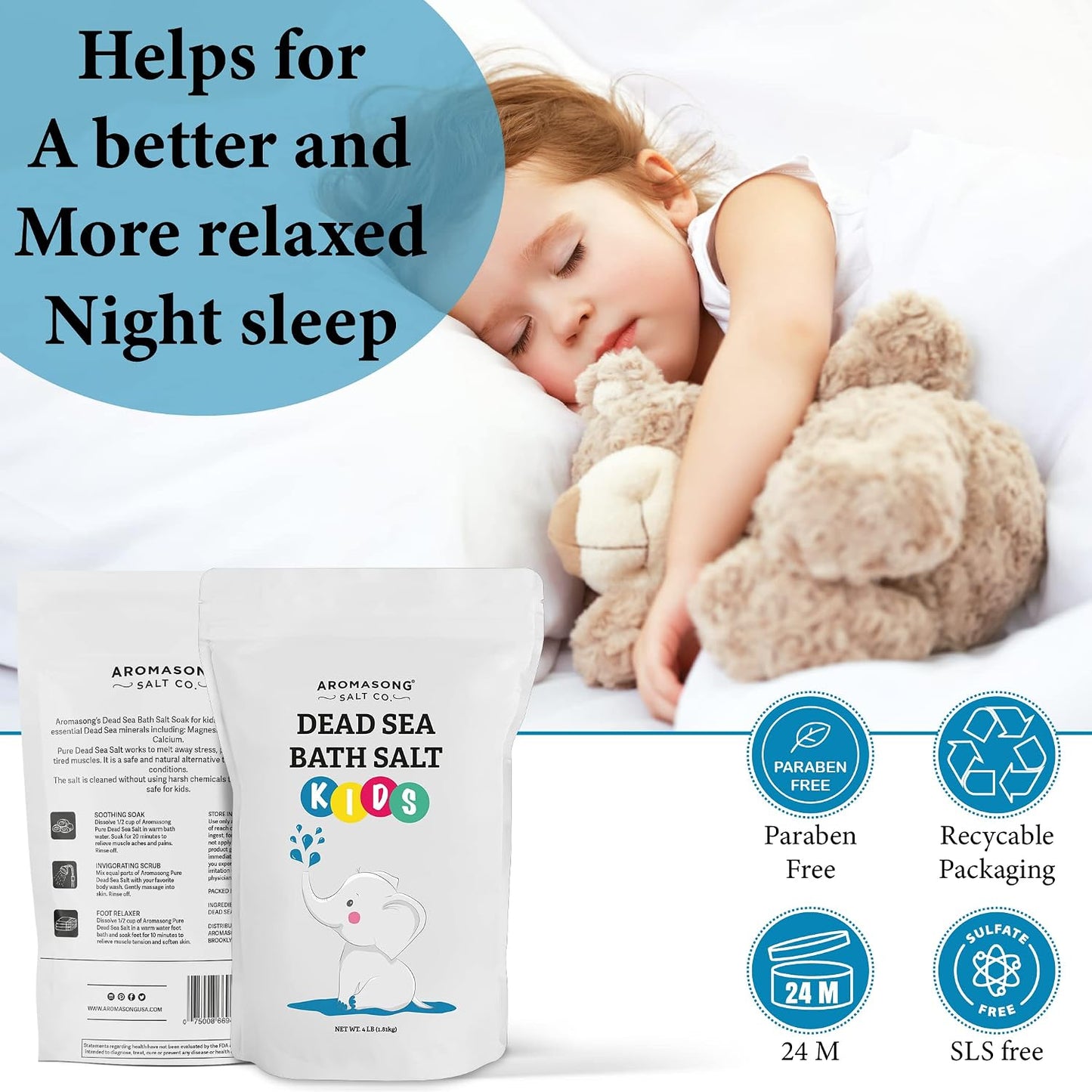 Aromasong Dead Sea Salt Kids Bath Soak with Aloe Vera – Soothing, Calming & Sleep-Ready – 4 Lbs Fine Grain Bulk Resealable Pack – 100% Pure & Natural Mineral-Rich Bath Salt
