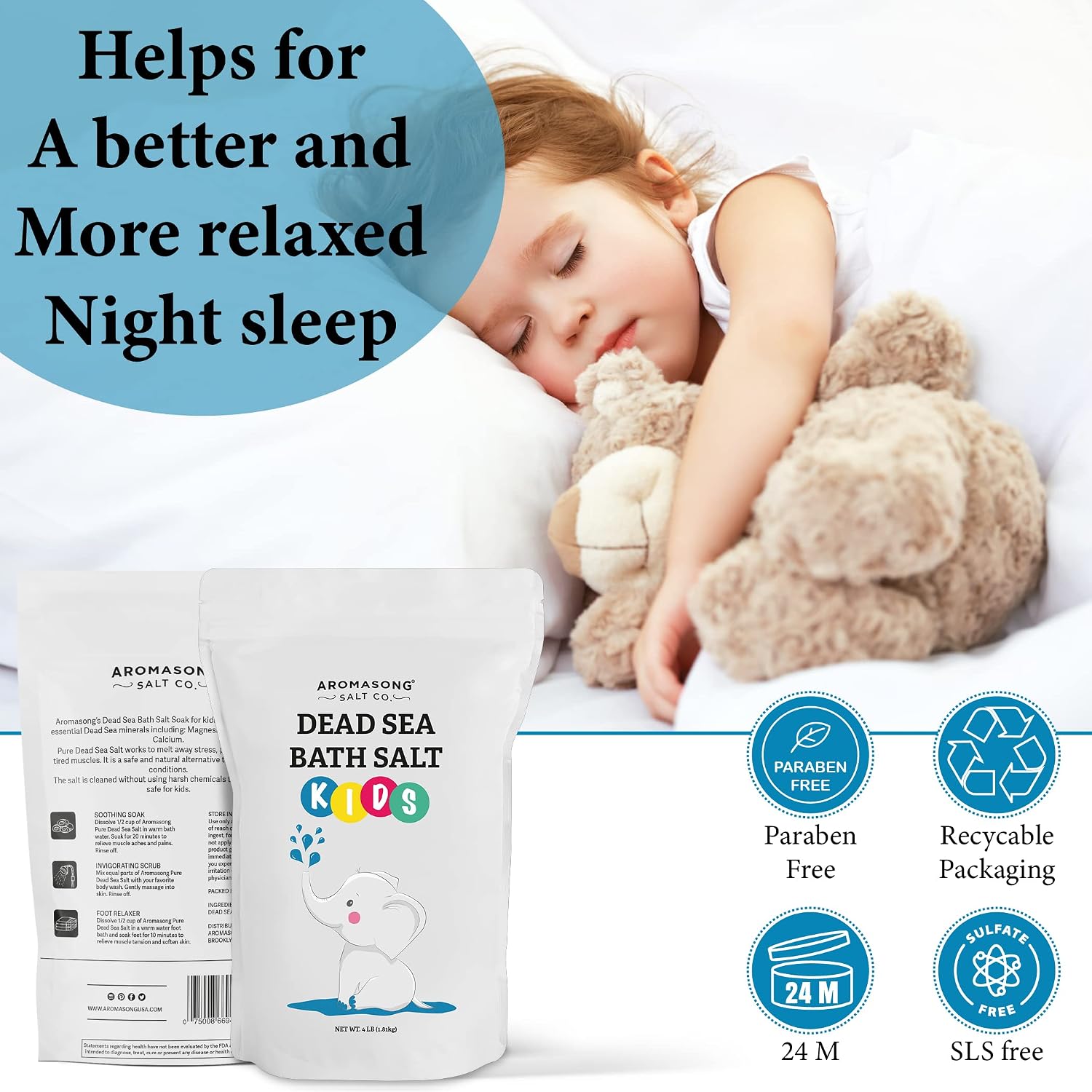Aromasong Dead Sea Salt Kids Bath Soak with Aloe Vera – Soothing, Calming & Sleep-Ready – 4 Lbs Fine Grain Bulk Resealable Pack – 100% Pure & Natural Mineral-Rich Bath Salt