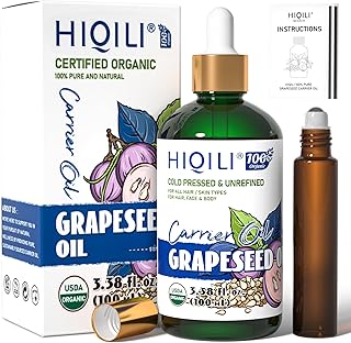 HIQILI 3.38 Fl Oz Organic Grapeseed Oil for Hair, for Skin, Carrier Oil for Essential Oils Mixing, 100% Pure & Natural-100ML