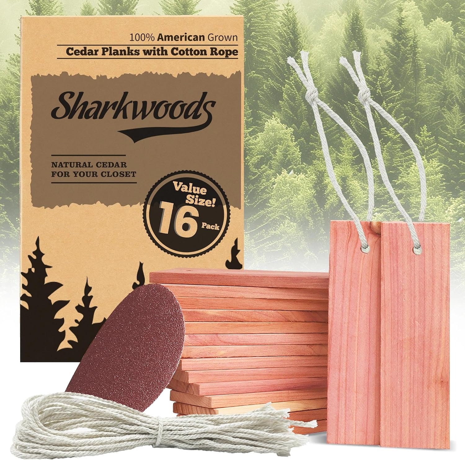 Cedar Blocks for Clothes Storage - 16 Pack Red Cedar Planks, 100% Natural Aromatic Cedarwood with Cotton Rope and Sandpaper for Closets & Drawers Freshener