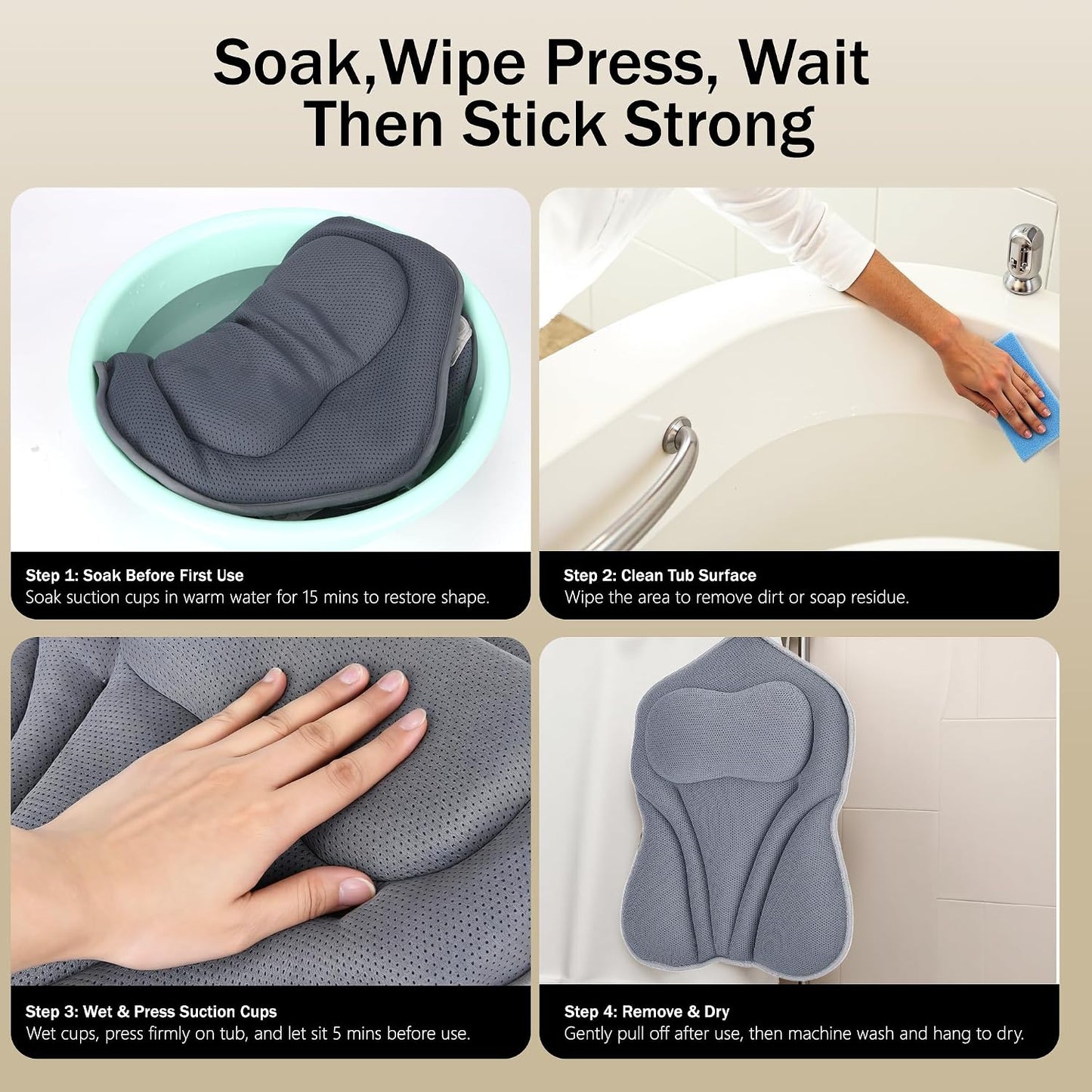Bath Pillow PYRRHIC - Bathtub Pillow 5D Mesh with Neck & Back Support Non-Slip Suction Cups Fast Drying Soft Spa Pillow Relaxing Bath Accessories with Hook Laundry Bag Grey