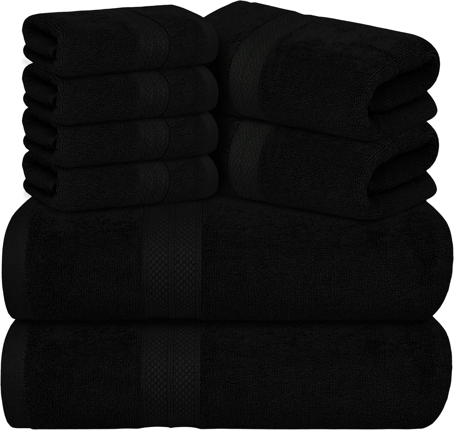 Avalon Towels Luxury 8 Piece Black Towels Set, 2 Bath Towels, 2 Hand Towels and 4 Washcloths, 600 GSM 100% Ring Spun Cotton Highly Absorbent Black Bathroom Towels, Ideal for Hotel, Spa and Gym