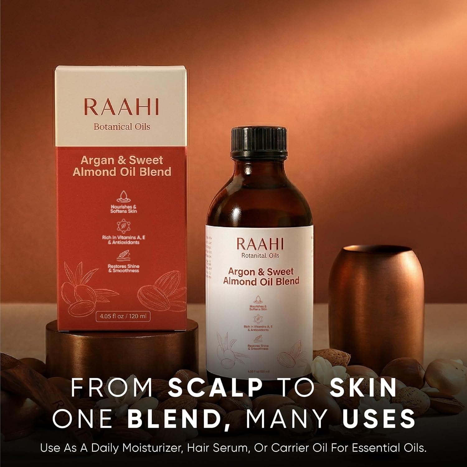 RAAHI Argan Oil and Sweet Almond Oil Blend for Hair and Skin, 4.05 fl oz / 120 ml, Lightweight Non Greasy Moisturizer for Face, Body, Scalp and Hair
