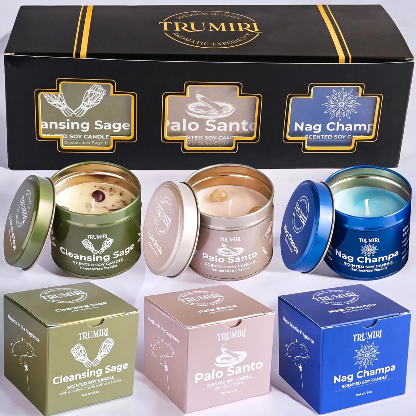 Cleansing Sage, Palo Santo, Nag Champa - Soy Candles Non Toxic - Highly Scented Long Lasting with Essential Oils - Variety Pack of 3 x 5oz - for Home Aromatherapy Meditation Gift Travel