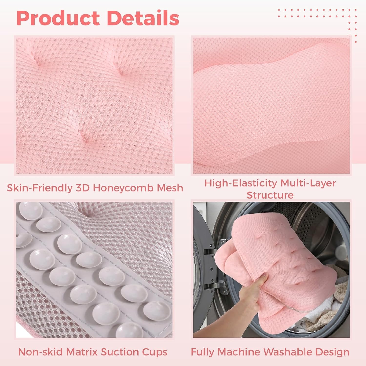 Full Body Bath Pillow for Bathtub, 4D Pink Bathtub Pillow with Non-Skid Suction Cups, Multi-Layer Mesh Breathable Cushion for Head, Back, Waist, and Hip Support