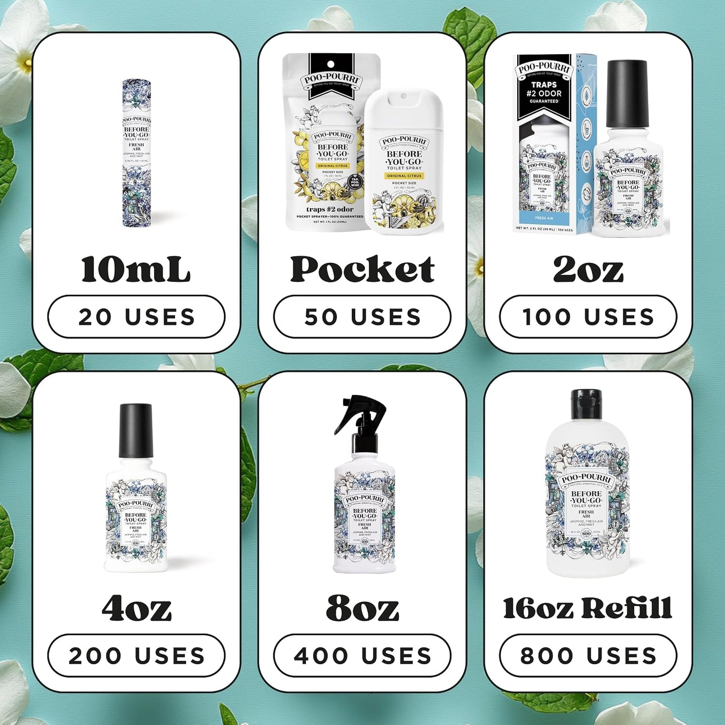 Poo-Pourri Before-You-Go Toilet Spray, Fresh Air, 4 Fl Oz, Up to 200 Uses, Bathroom Odor Deodorizer , Plant-Based with Essential Oils, for Home or Work, Jasmine, Fresh Air and Mint Scent