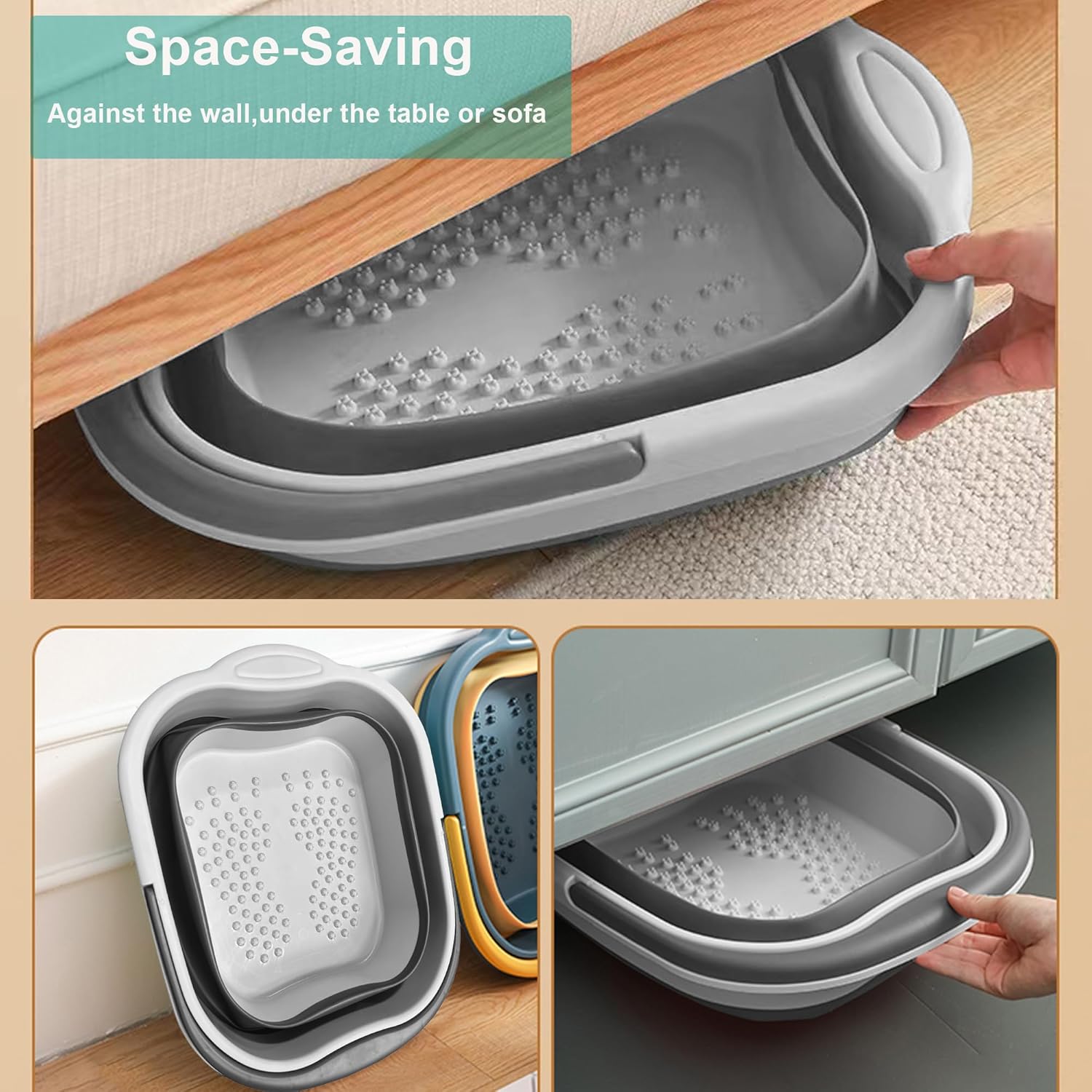 Collapsible Foot Soak Tub 15L(4 GL) with Handle, Bath Massager for Dry Cracked Feet, Plastic Grey Foot Bucket
