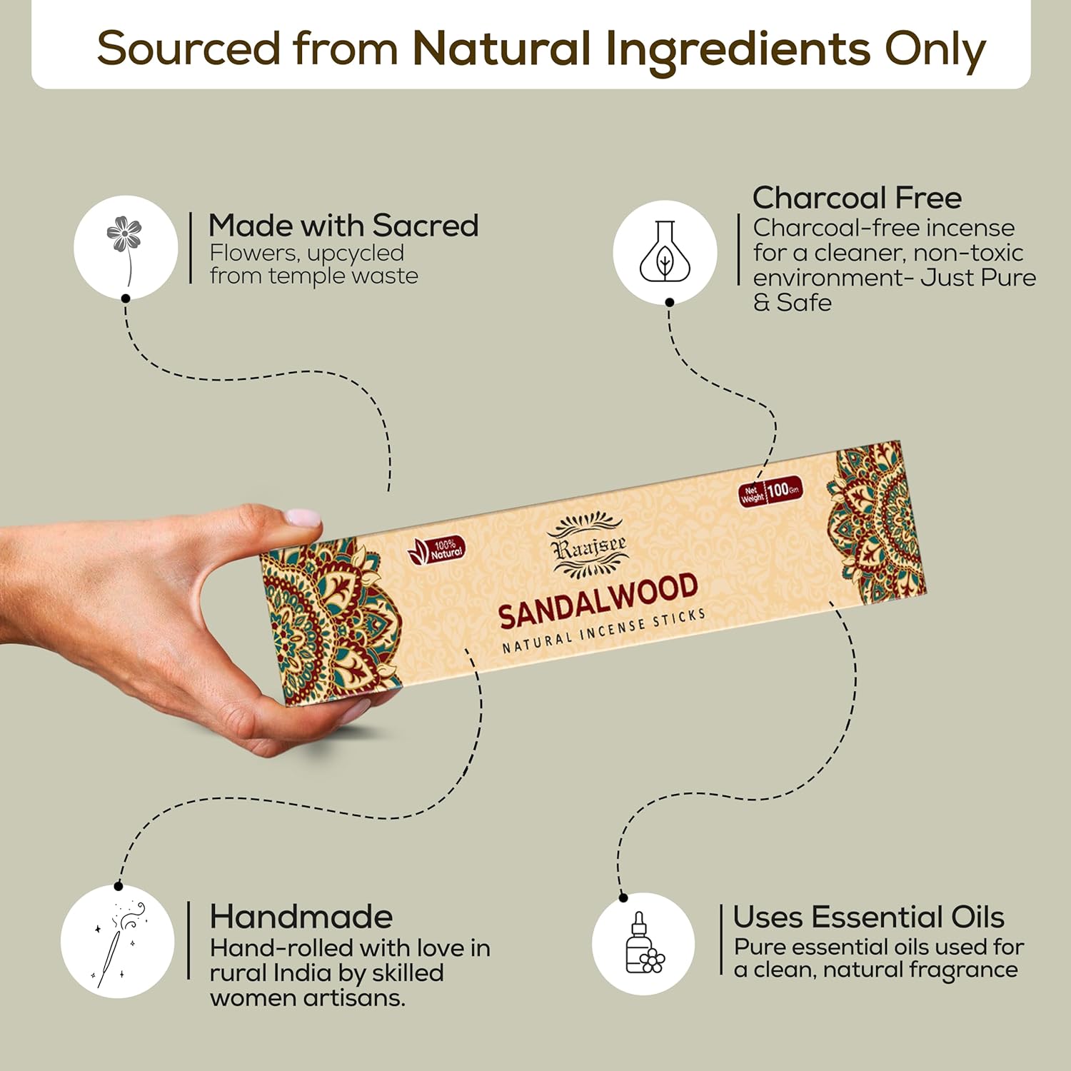 Raajsee Incense Sticks Assorted Pack (180 gm), 100% Pure Organic Natural Hand Rolled Free from Chemicals - Perfect for Aromatherapy, Cleansing, Meditation, and Church (12 Pack)