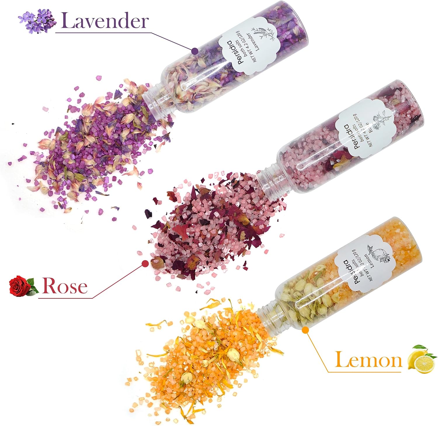 Bath Salts for Women Relaxing, Epsom Salt Gift Set, Anniversary Birthday Gifts, 3 Individual Pack, Spa Bath & Foot Soak, Organic with Dried Flower, Essential oil, Lavender, Rose & Lemon Scent, 12.7 oz