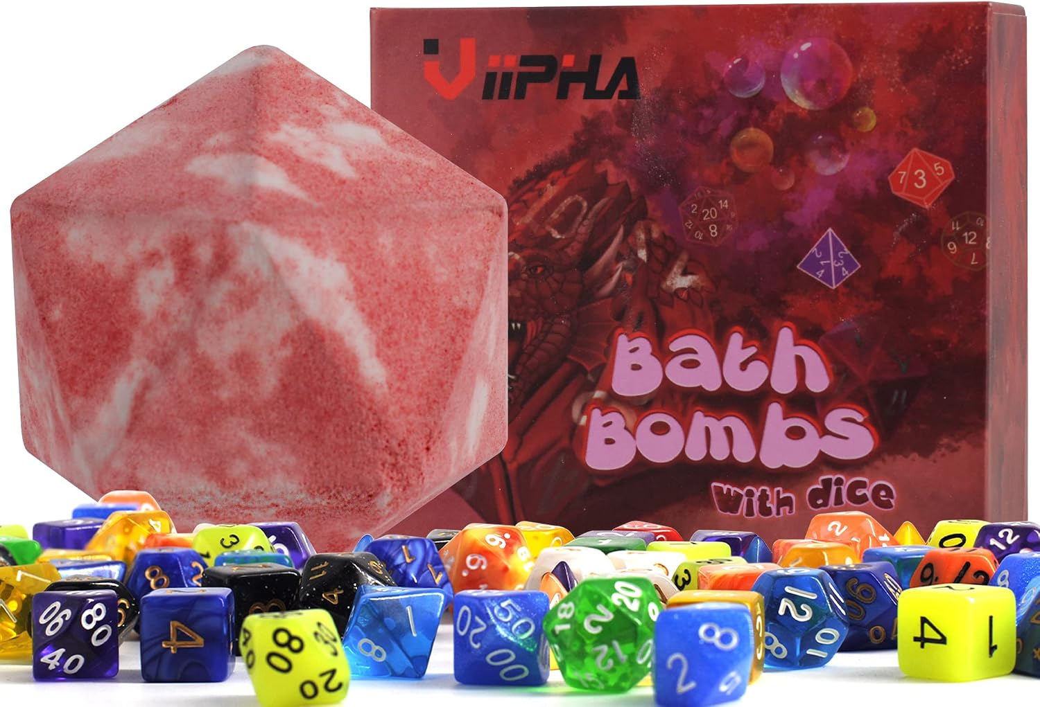D20 Bath Bomb with Hidden Polyhedral Dice Set, Dragon Blood Scent | 11 oz D20 Shape, Hidden 7-Piece Dice Set, Peach & Rose Scent, Skin-Nourishing Formula, Gift for RPG Gamers & Fans