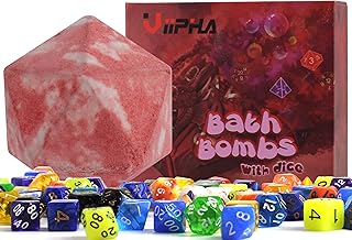 D20 Bath Bomb with Hidden Polyhedral Dice Set, Dragon Blood Scent | 11 oz D20 Shape, Hidden 7-Piece Dice Set, Peach & Rose Scent, Skin-Nourishing Formula, Gift for RPG Gamers & Fans