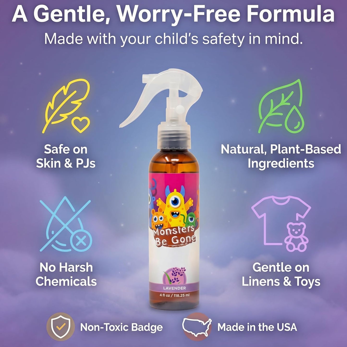 Monsters Be Gone Body and Linen Spray Lavender Odor Neutralizer Natural Non-Toxic Child Confidence Builder Room Freshener