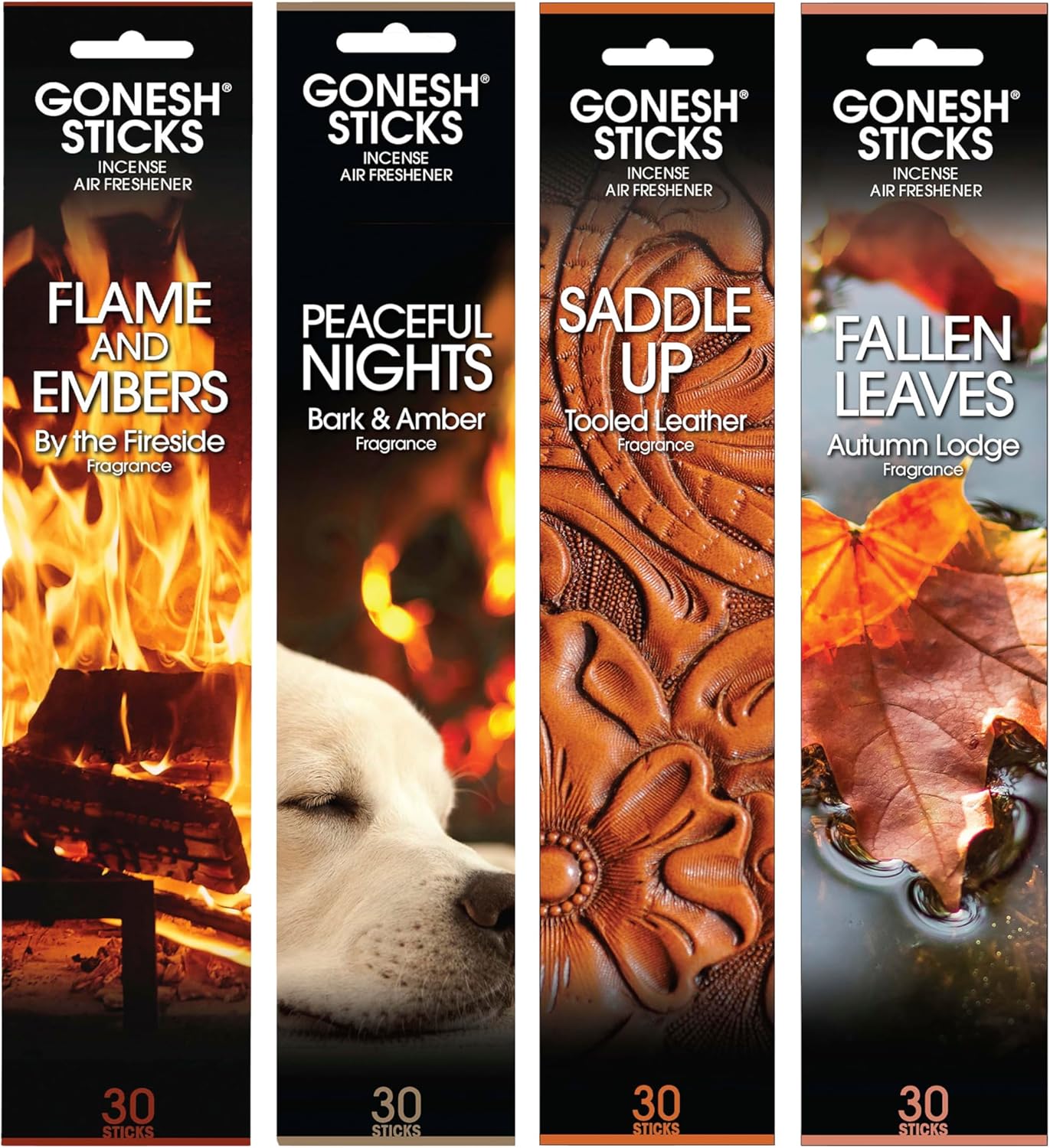 Gonesh Scents of Fall - Incense Sticks Variety Pack - Non-Toxic 10” Slow Burn Aromatic Sticks - Bark & Amber, By the Fireside, Autumn Lodge, Tooled Leather - 30 Sticks Each