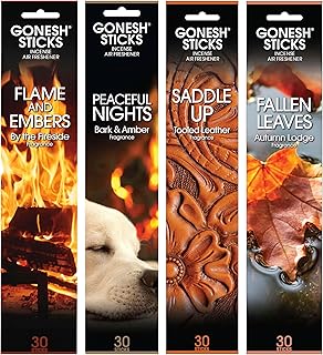 Gonesh Scents of Fall - Incense Sticks Variety Pack - Non-Toxic 10” Slow Burn Aromatic Sticks - Bark & Amber, By the Fireside, Autumn Lodge, Tooled Leather - 30 Sticks Each