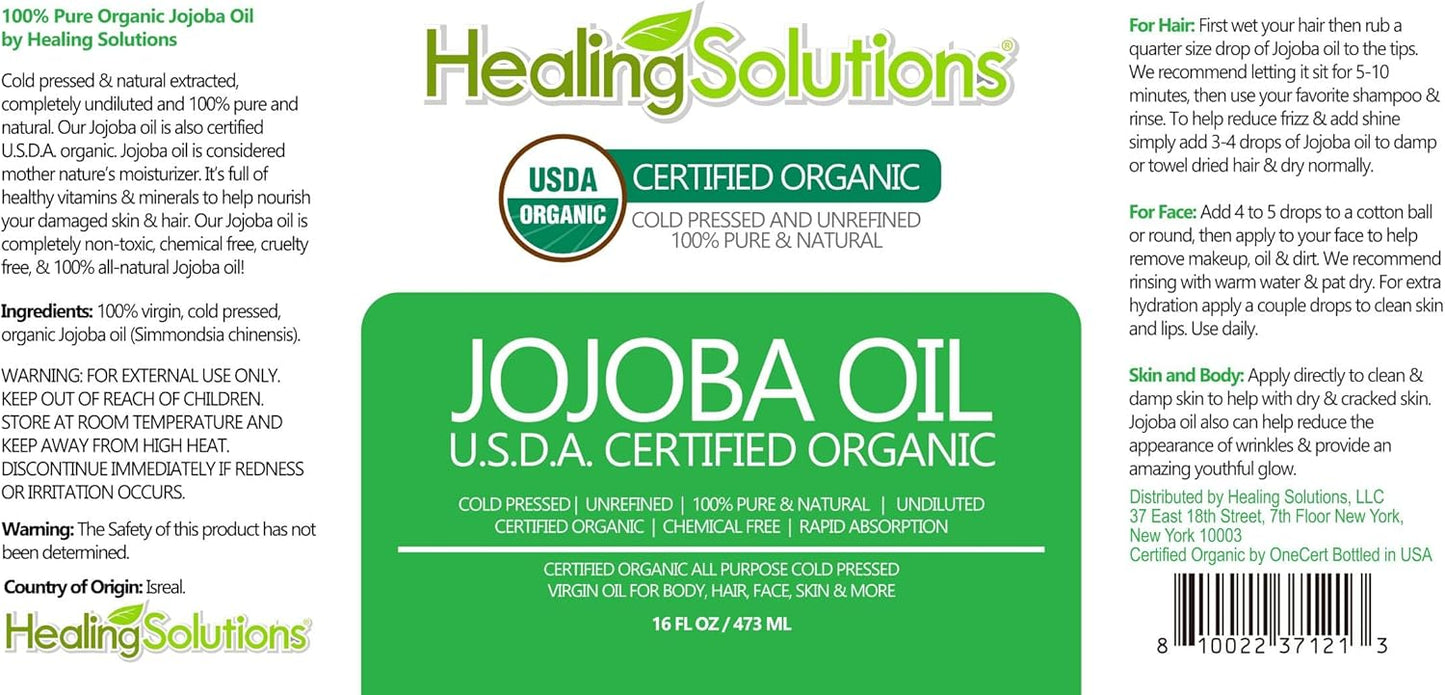 Healing Solutions Oils Organic Jojoba Oil 16 oz Pure Cold Pressed 100% Natural Serum for Hair, Skin, Face, Body, Scalp, Cuticle & Nail, Unrefined Moisturizing & Acne Fighter Treatment 473 ml