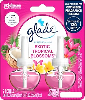 Glade PlugIns Refills Air Freshener, Scented and Essential Oils for Home and Bathroom, Exotic Tropical Blossoms, 1.34 Fl Oz, 2 Count